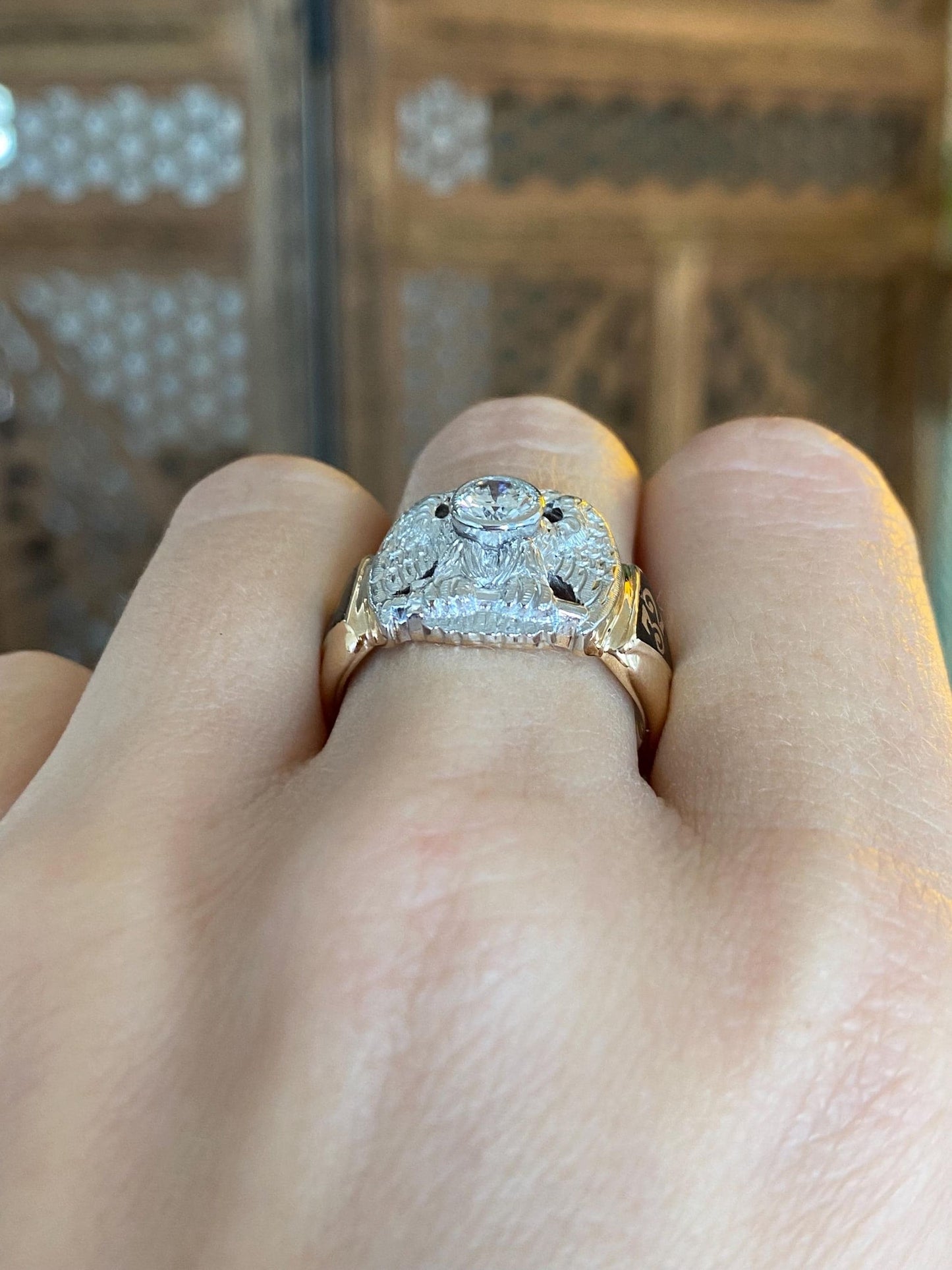 Vintage Solid Platinum & 14k Yellow Gold Enamel Diamond Double Headed Eagle Ring Band - Size 8.25