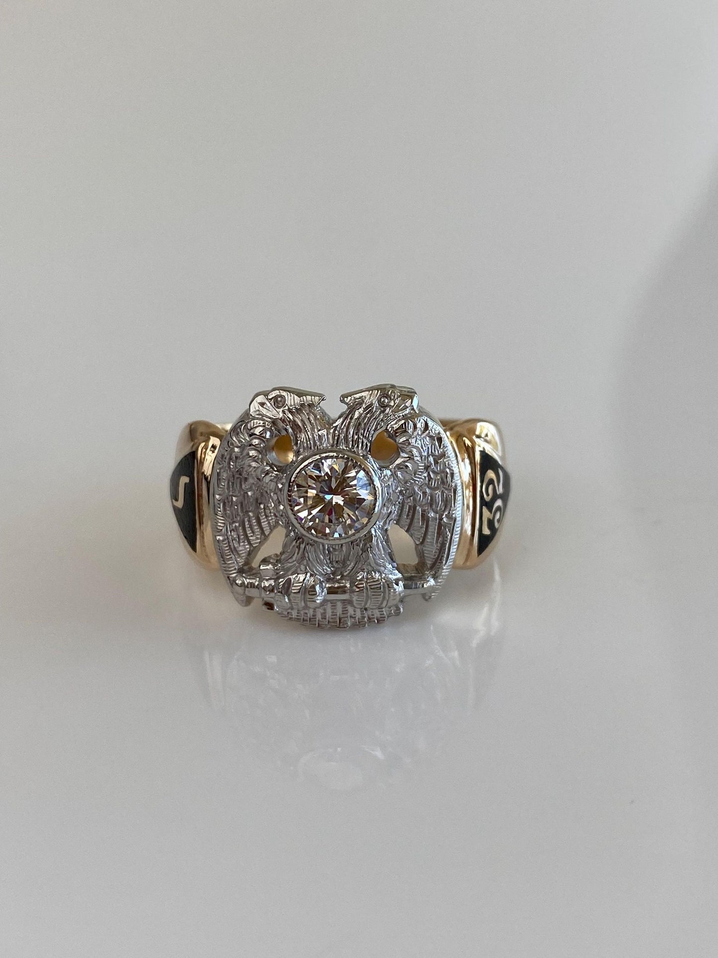 Vintage Solid Platinum & 14k Yellow Gold Enamel Diamond Double Headed Eagle Ring Band - Size 8.25