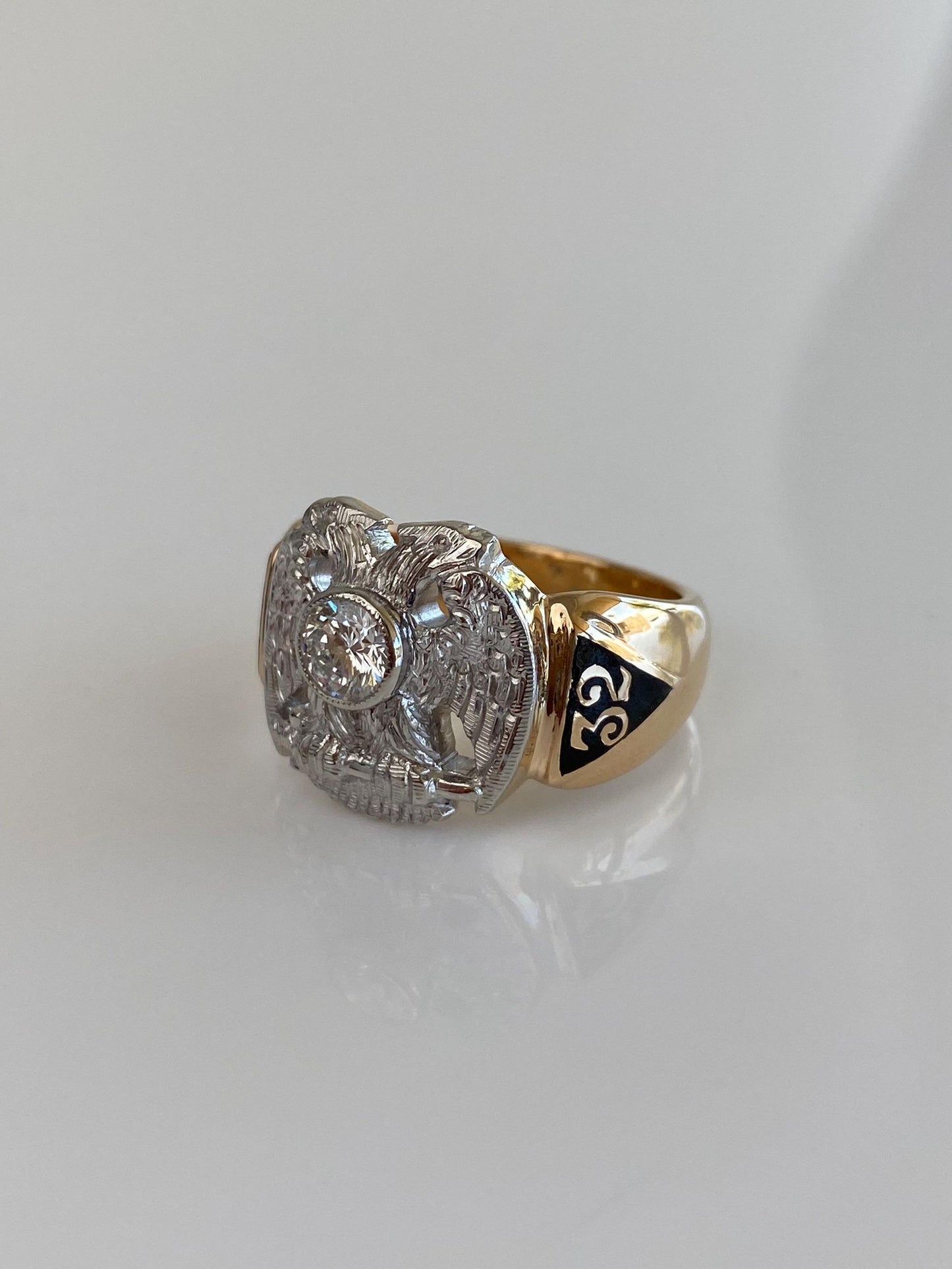Vintage Solid Platinum & 14k Yellow Gold Enamel Diamond Double Headed Eagle Ring Band - Size 8.25