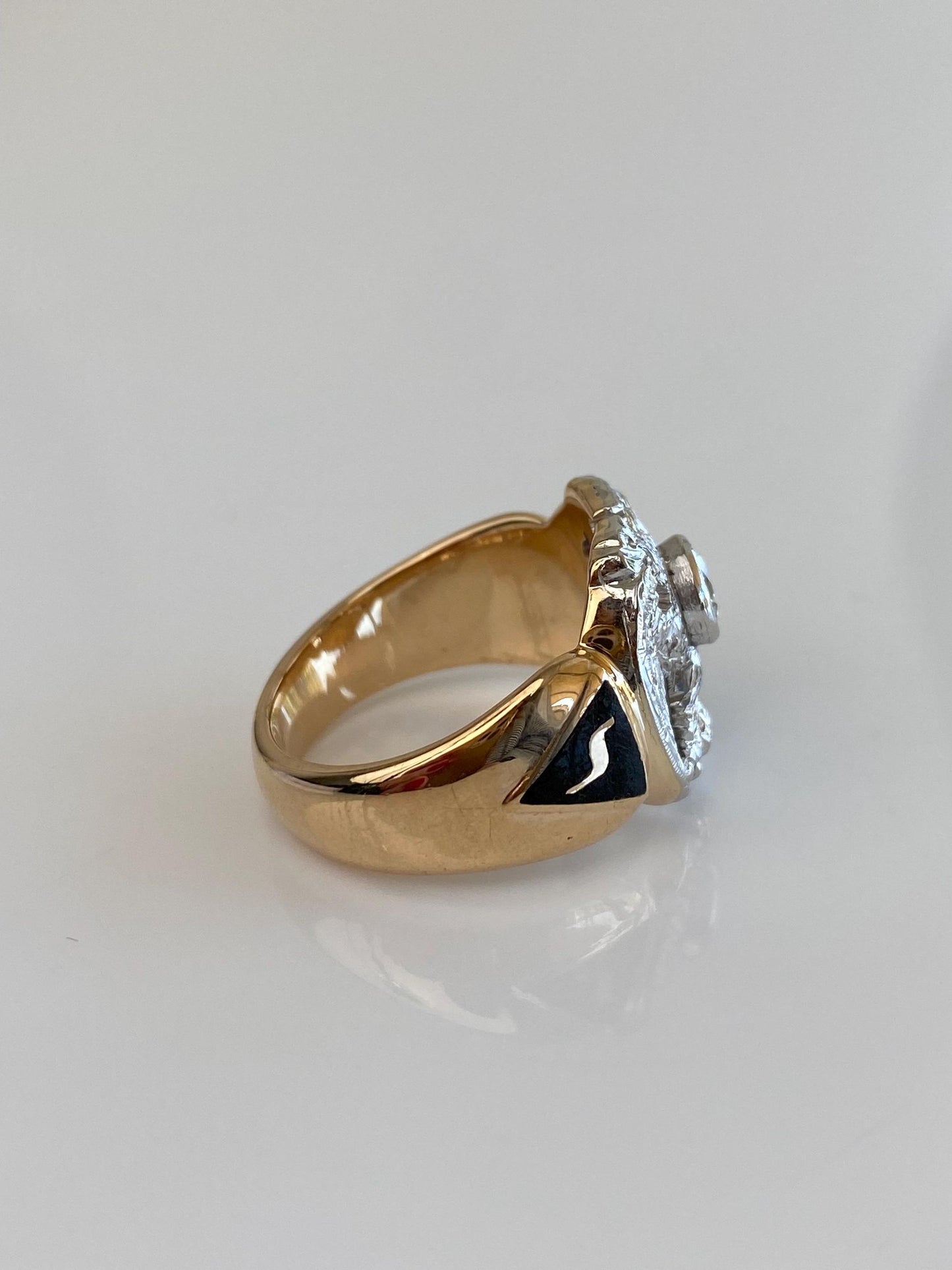 Vintage Solid Platinum & 14k Yellow Gold Enamel Diamond Double Headed Eagle Ring Band - Size 8.25