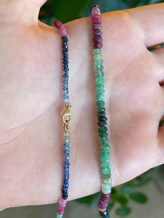 Vintage Solid 14k Yellow Gold Clasp Emerald Ruby Blue Yellow Sapphire Citrine Bead Strand Necklace - 17.75 inches