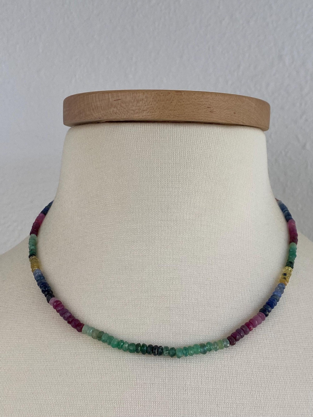 Vintage Solid 14k Yellow Gold Clasp Emerald Ruby Blue Yellow Sapphire Citrine Bead Strand Necklace - 17.75 inches