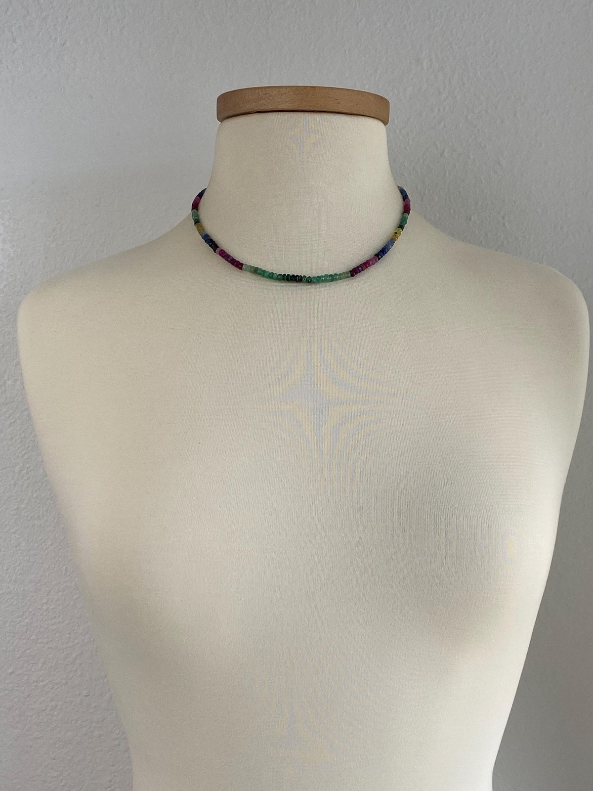 Vintage Solid 14k Yellow Gold Clasp Emerald Ruby Blue Yellow Sapphire Citrine Bead Strand Necklace - 17.75 inches