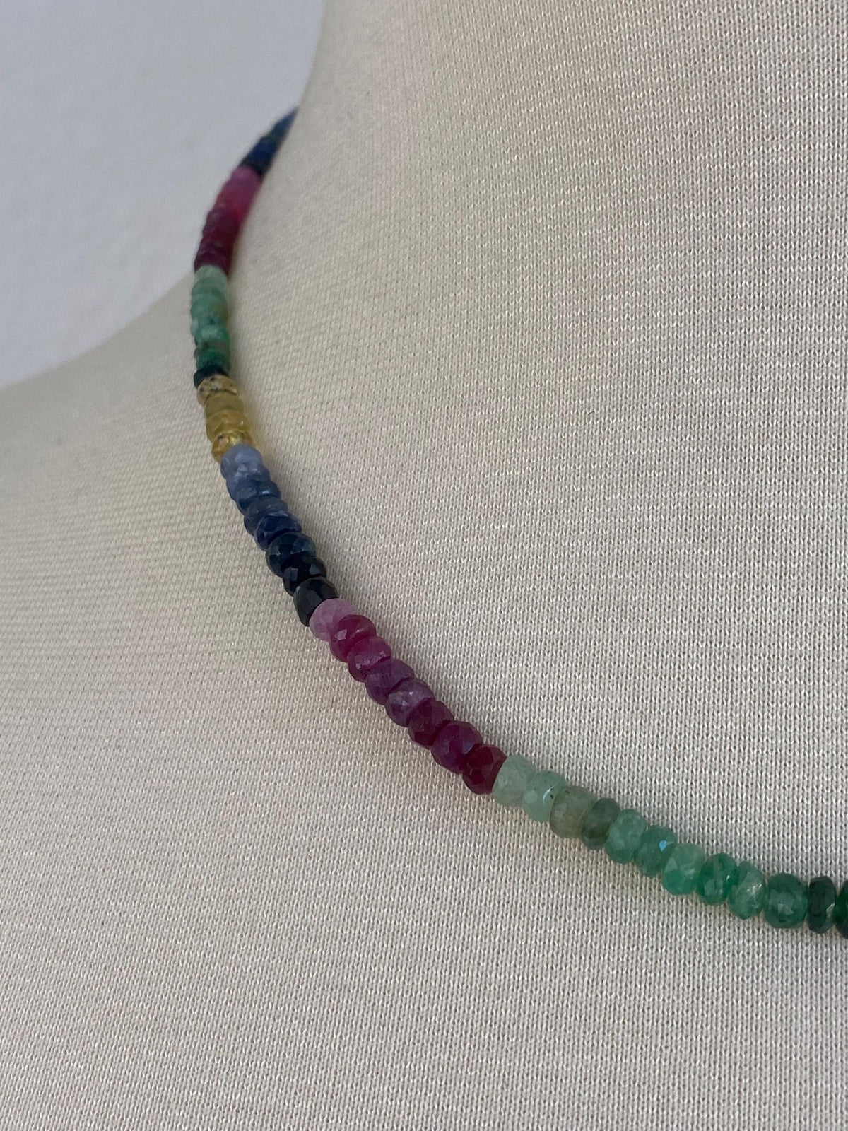 Vintage Solid 14k Yellow Gold Clasp Emerald Ruby Blue Yellow Sapphire Citrine Bead Strand Necklace - 17.75 inches