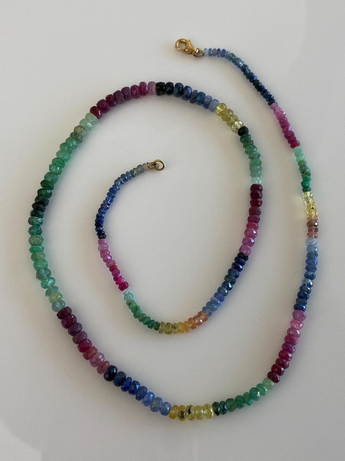Vintage Solid 14k Yellow Gold Clasp Emerald Ruby Blue Yellow Sapphire Citrine Bead Strand Necklace - 17.75 inches
