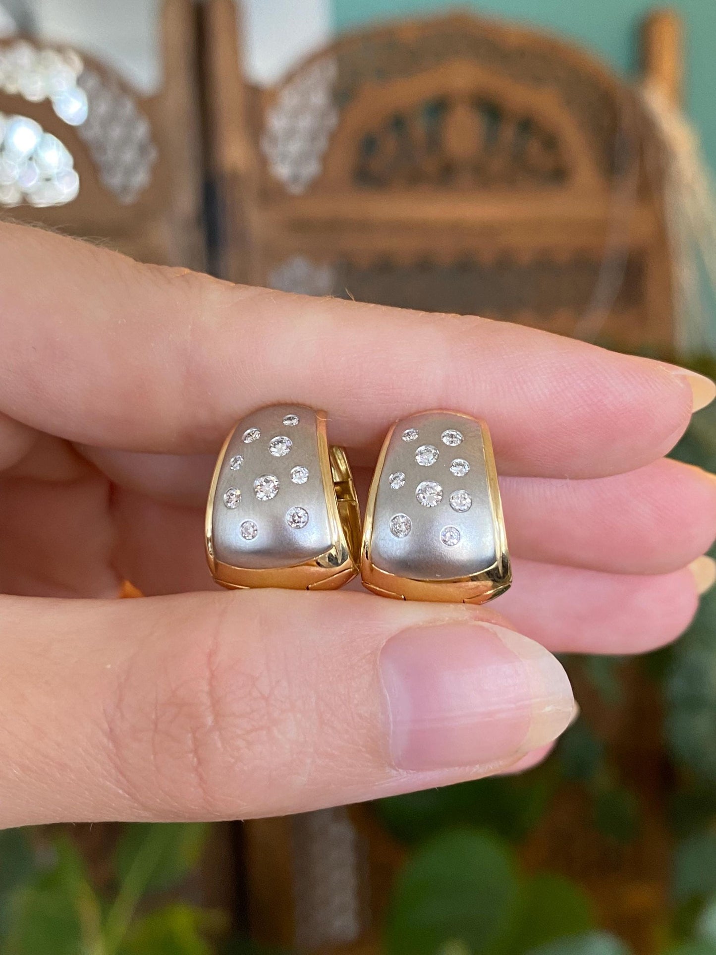 Vintage Solid 18k Yellow Gold & Platinum Diamond Dotted Hoop Earrings