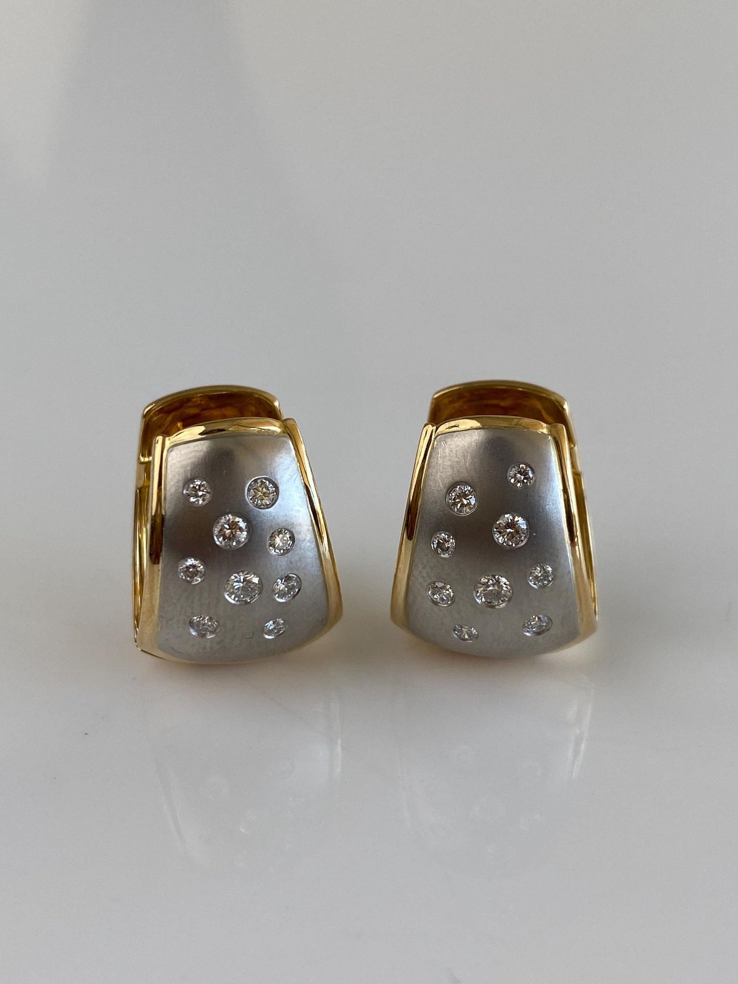 Vintage Solid 18k Yellow Gold & Platinum Diamond Dotted Hoop Earrings