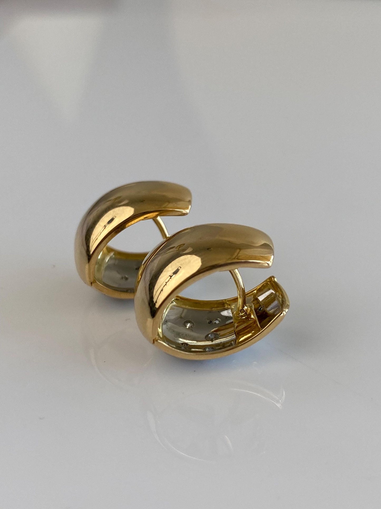 Vintage Solid 18k Yellow Gold & Platinum Diamond Dotted Hoop Earrings