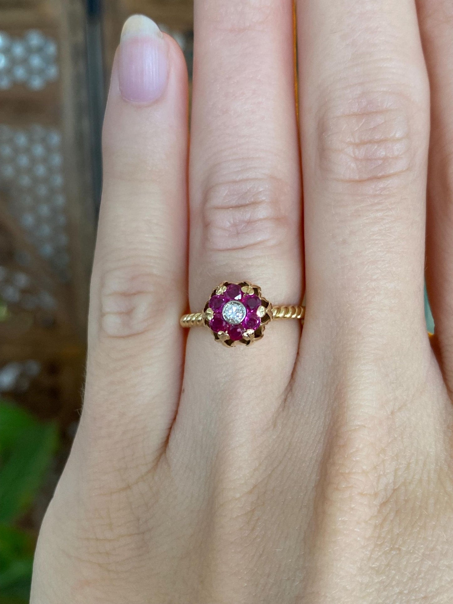 Vintage Solid 18k Yellow Gold Ruby Halo Diamond Flower Ring - Size 4.25