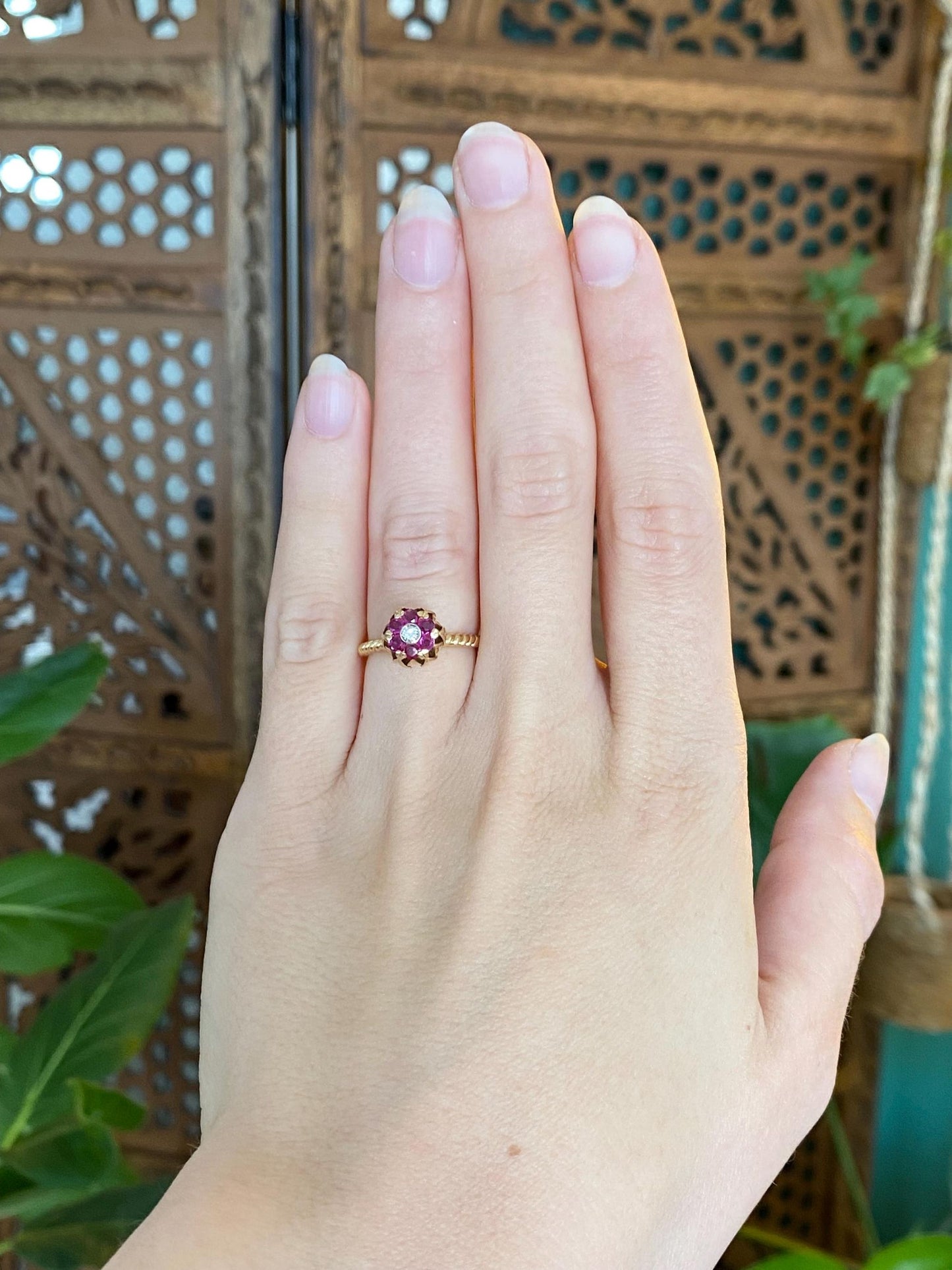Vintage Solid 18k Yellow Gold Ruby Halo Diamond Flower Ring - Size 4.25