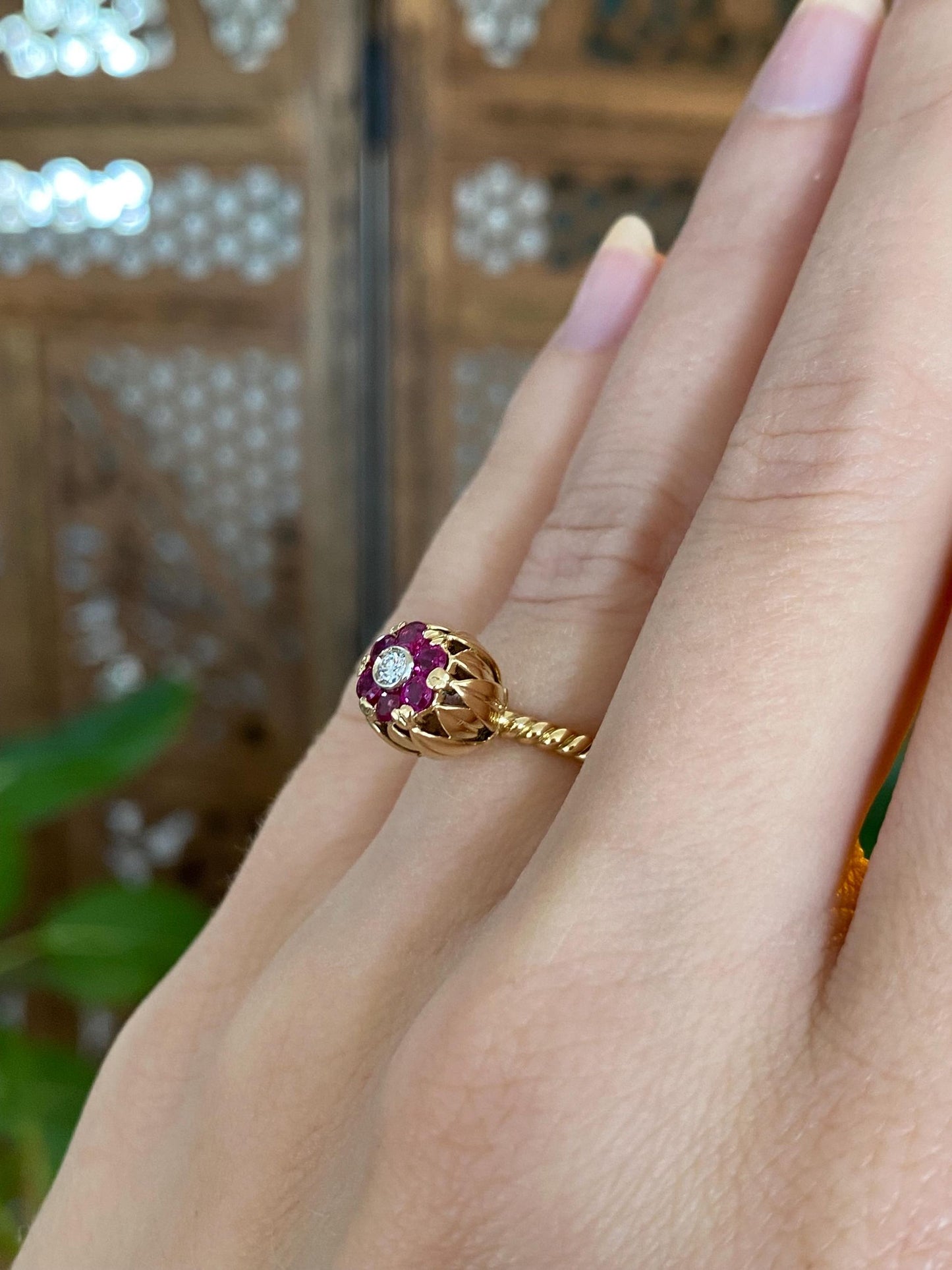 Vintage Solid 18k Yellow Gold Ruby Halo Diamond Flower Ring - Size 4.25