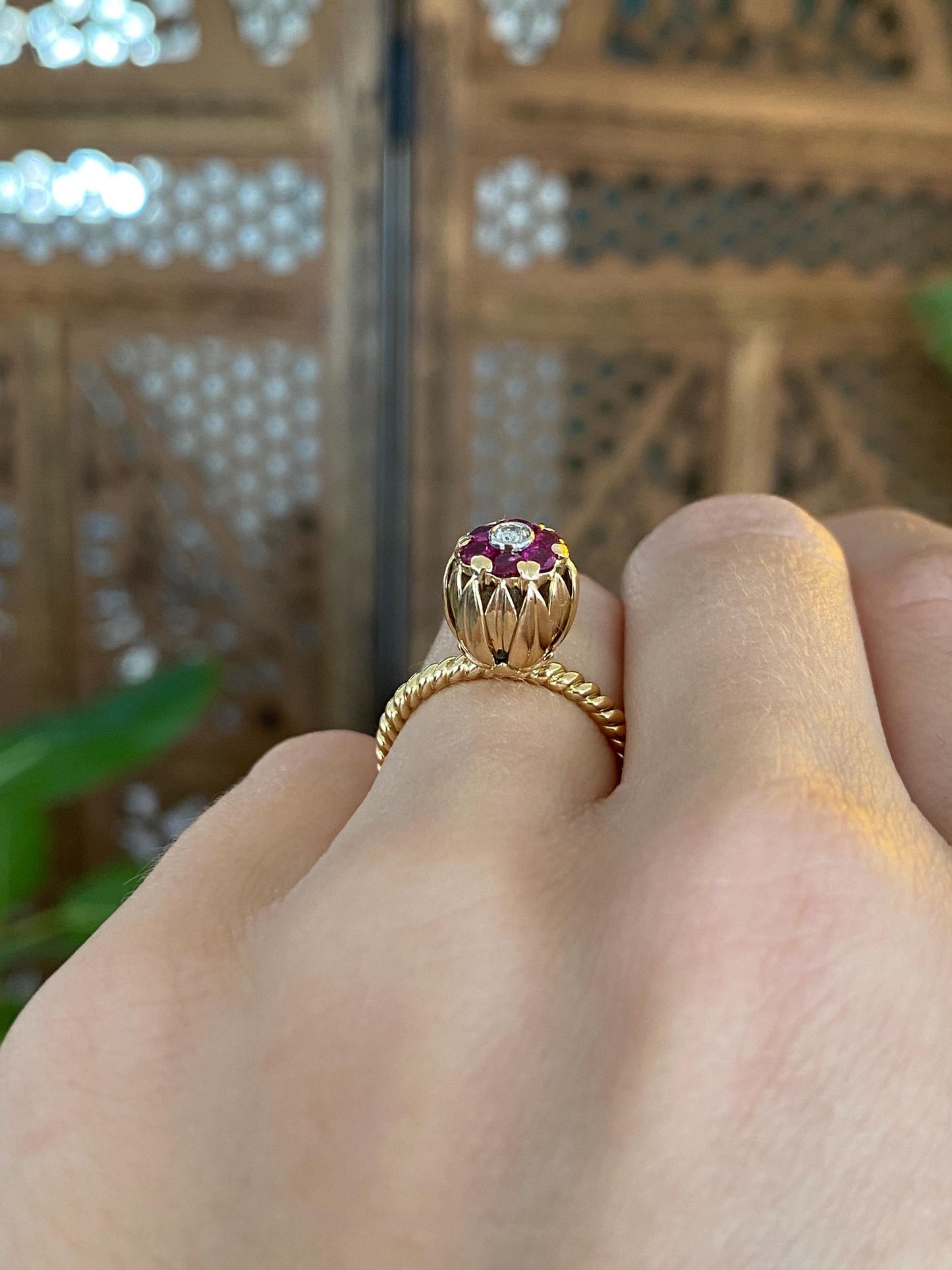 Vintage Solid 18k Yellow Gold Ruby Halo Diamond Flower Ring - Size 4.25