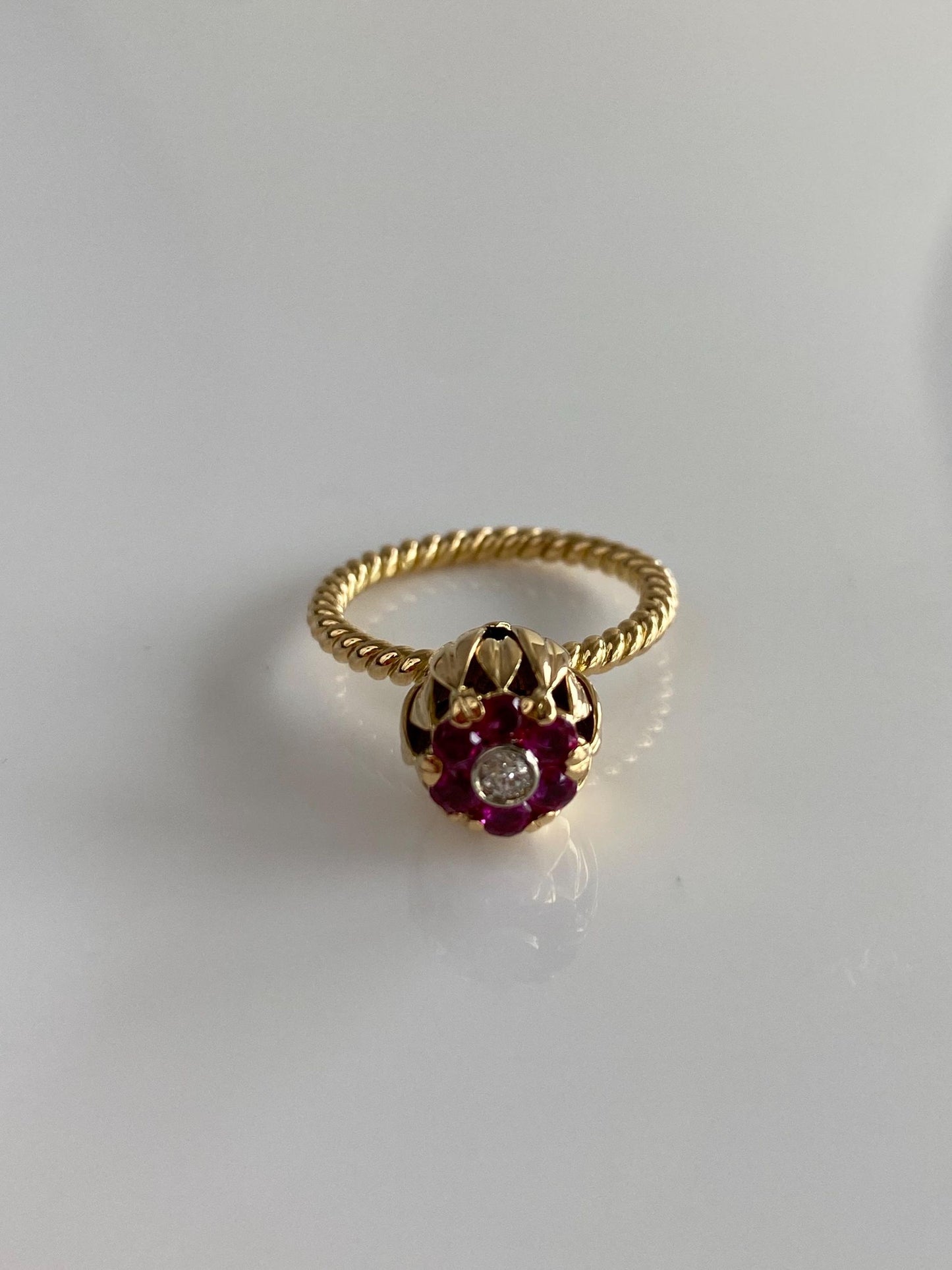 Vintage Solid 18k Yellow Gold Ruby Halo Diamond Flower Ring - Size 4.25