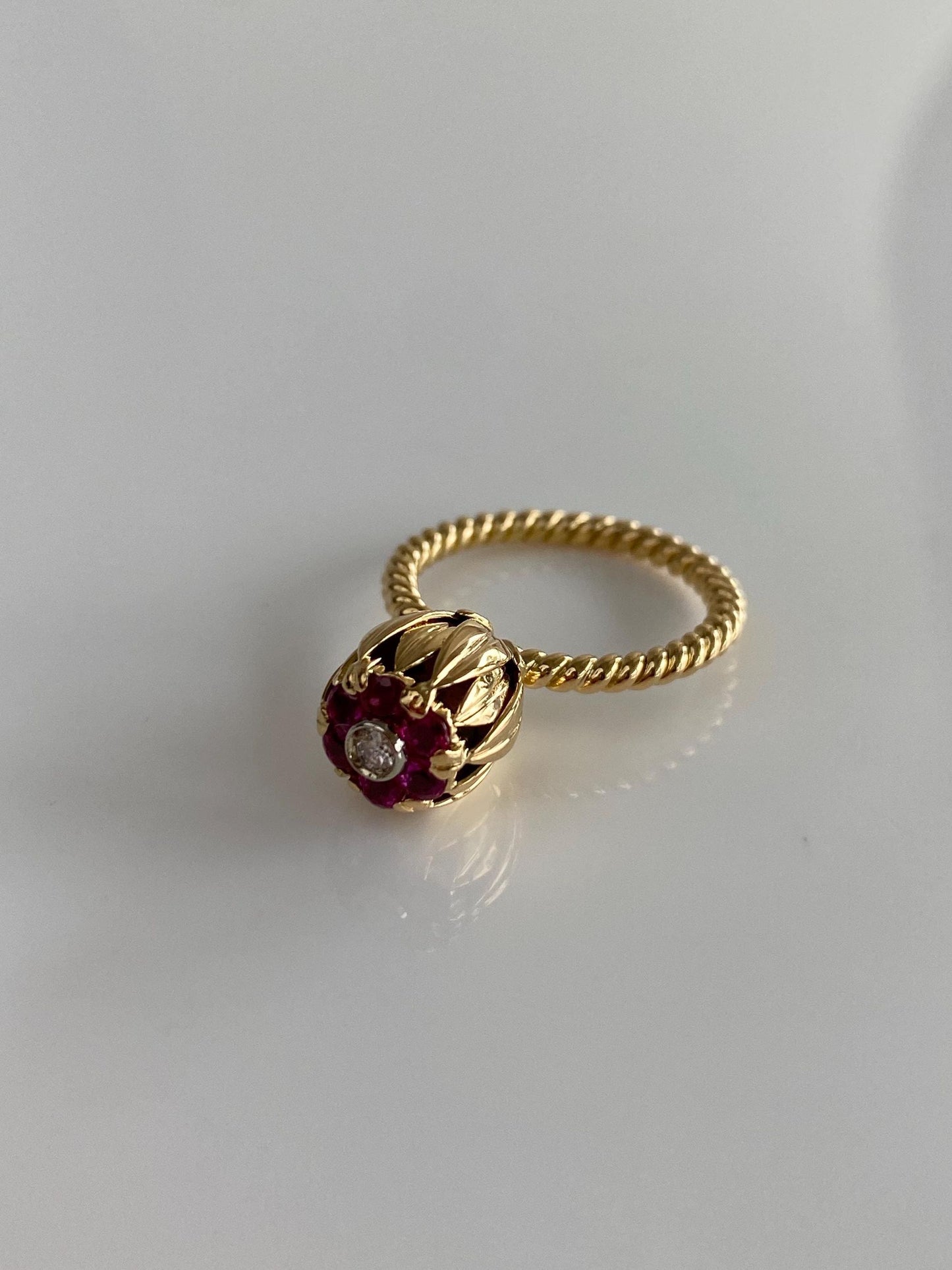 Vintage Solid 18k Yellow Gold Ruby Halo Diamond Flower Ring - Size 4.25