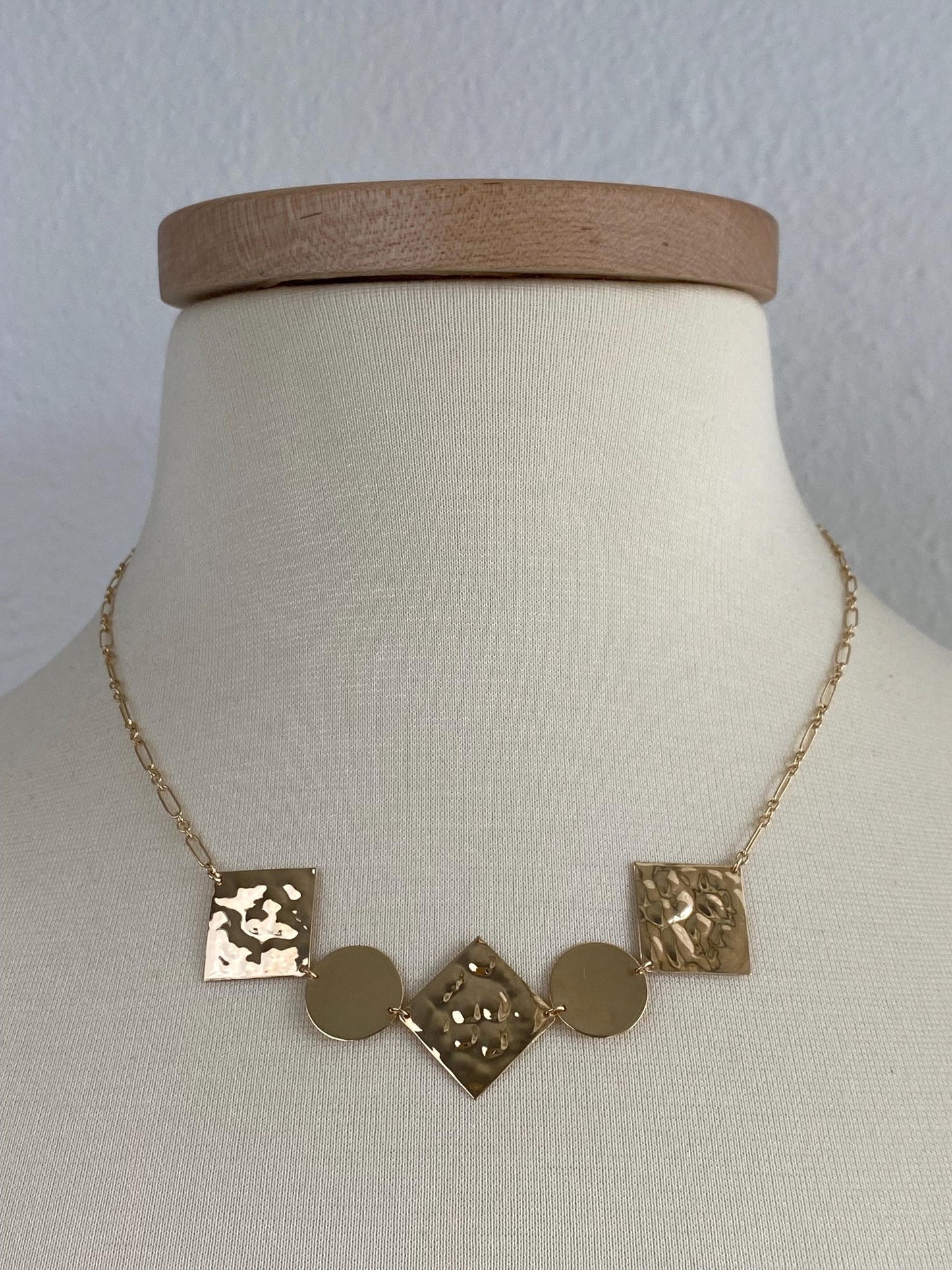 Vintage Solid 14k Yellow Gold Hammered Shapes Albert Trombone Chain Necklace - 18 inches
