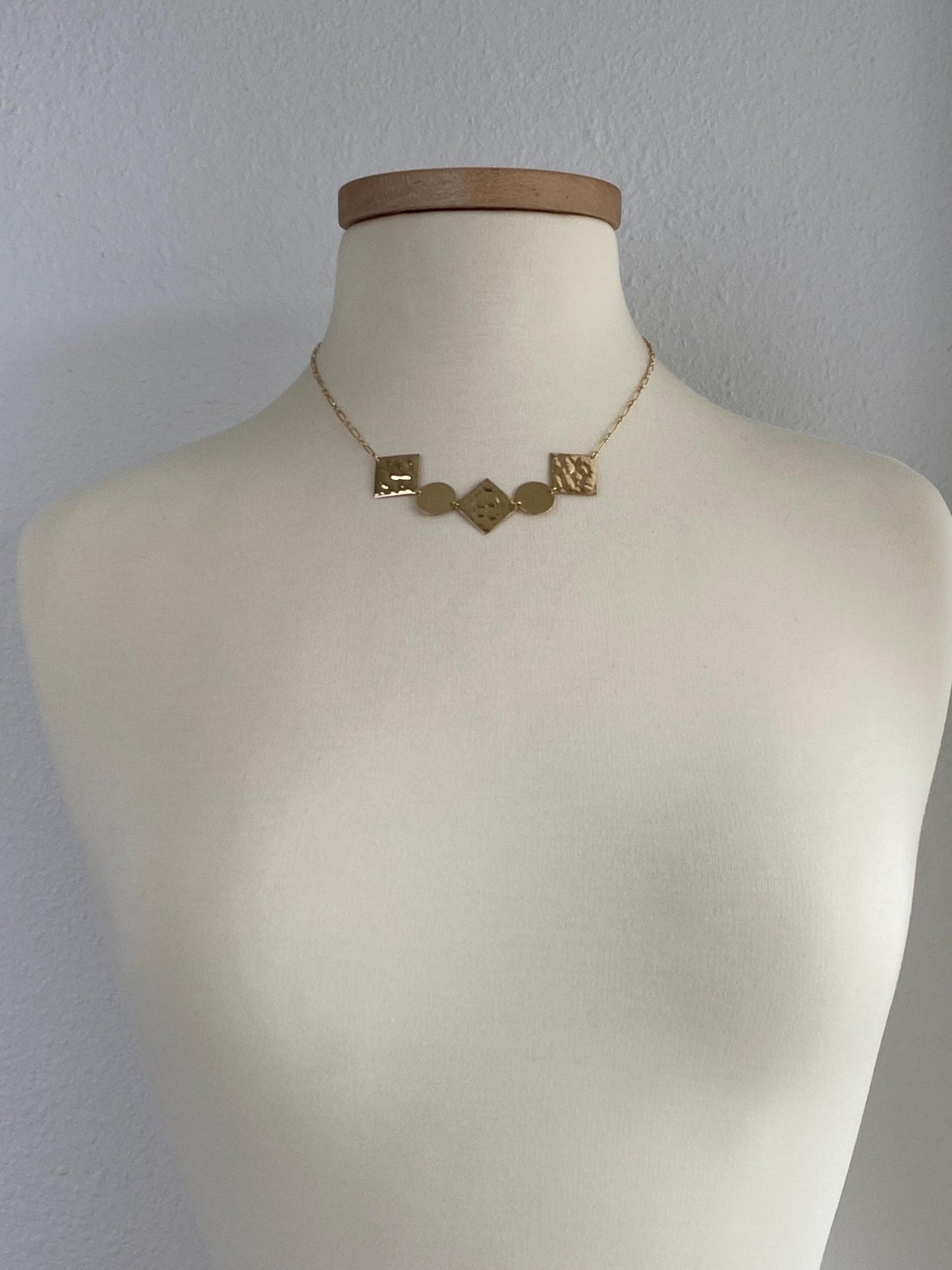Vintage Solid 14k Yellow Gold Hammered Shapes Albert Trombone Chain Necklace - 18 inches