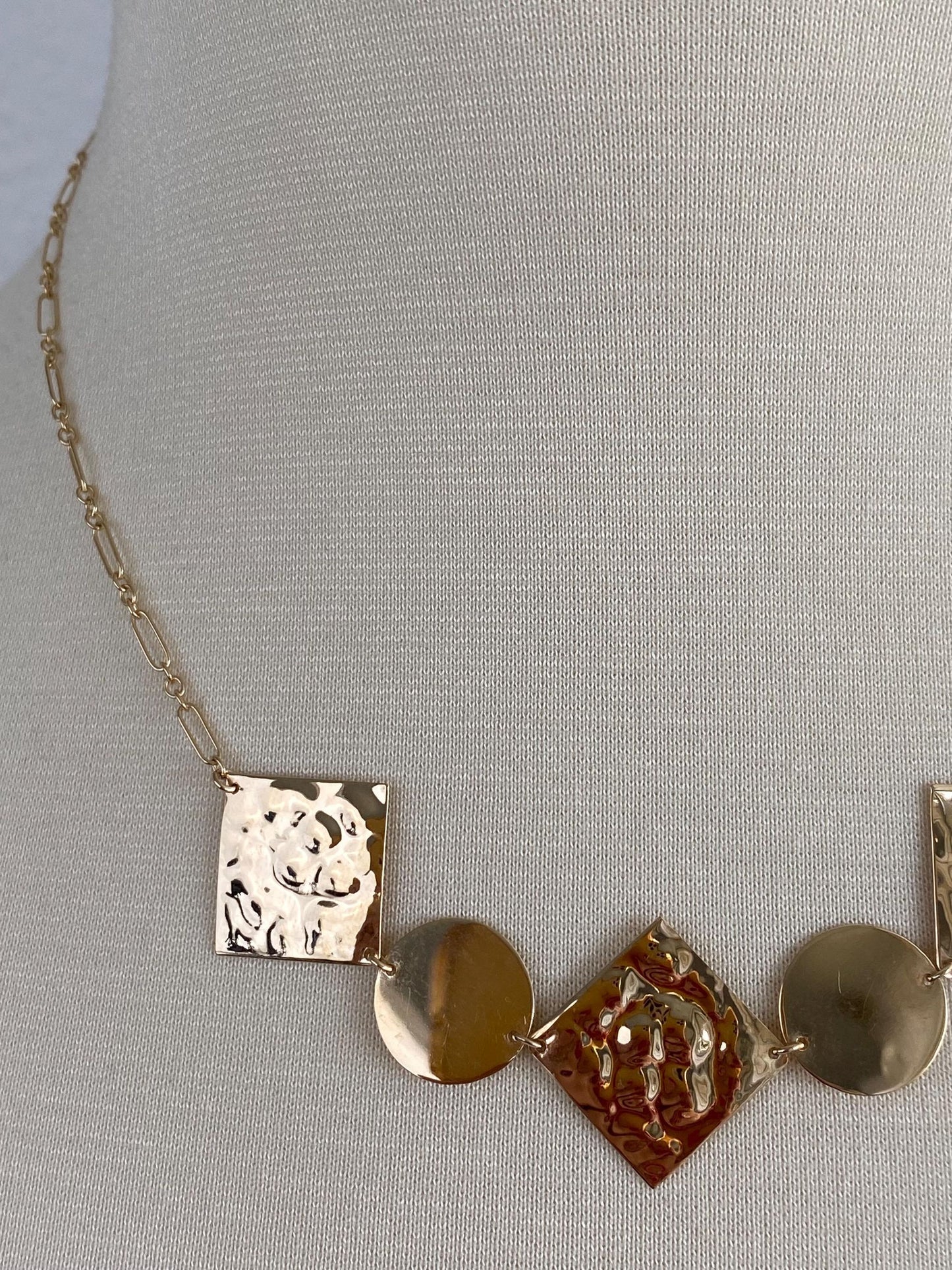 Vintage Solid 14k Yellow Gold Hammered Shapes Albert Trombone Chain Necklace - 18 inches