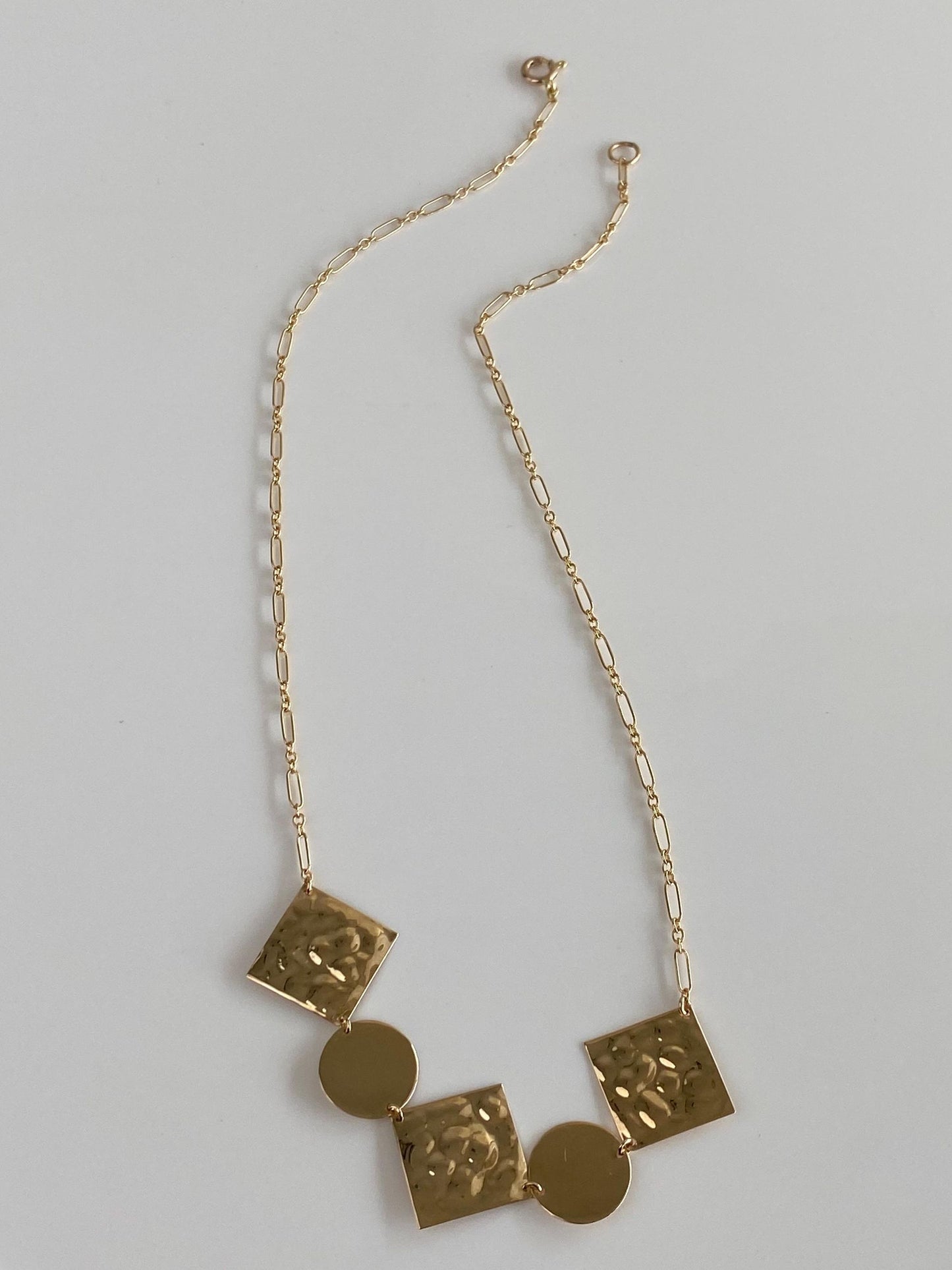 Vintage Solid 14k Yellow Gold Hammered Shapes Albert Trombone Chain Necklace - 18 inches