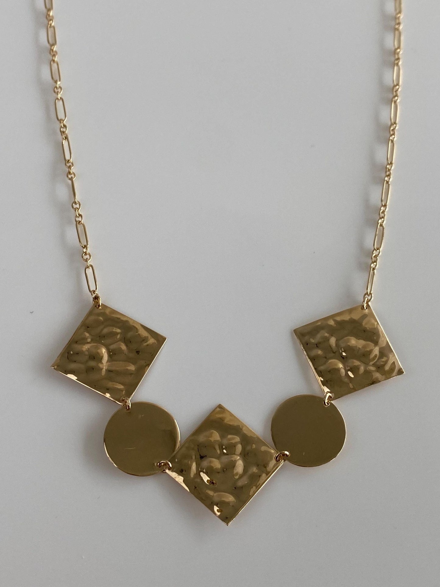 Vintage Solid 14k Yellow Gold Hammered Shapes Albert Trombone Chain Necklace - 18 inches