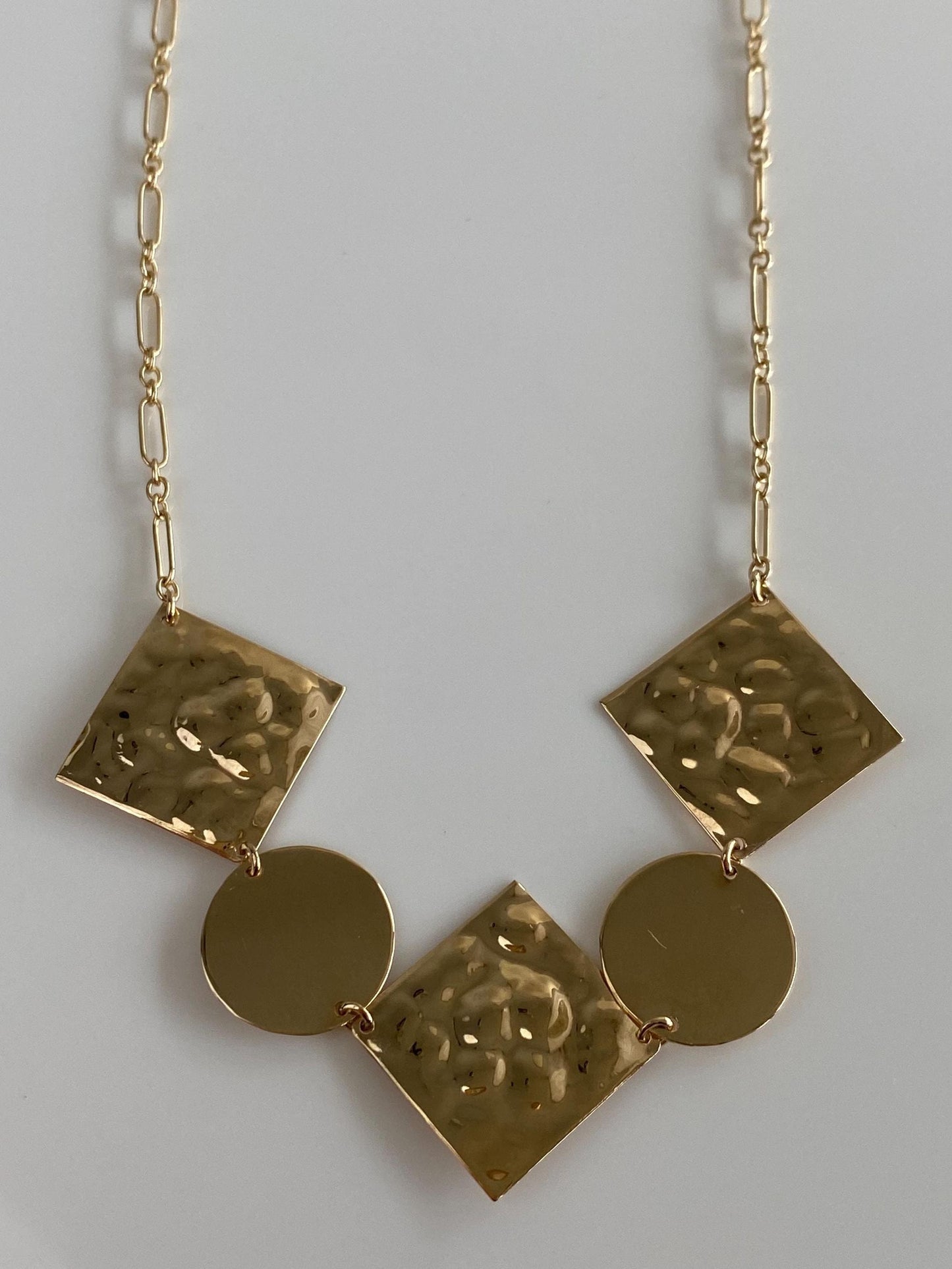Vintage Solid 14k Yellow Gold Hammered Shapes Albert Trombone Chain Necklace - 18 inches