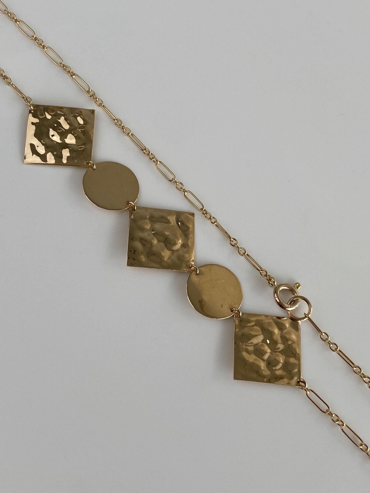 Vintage Solid 14k Yellow Gold Hammered Shapes Albert Trombone Chain Necklace - 18 inches