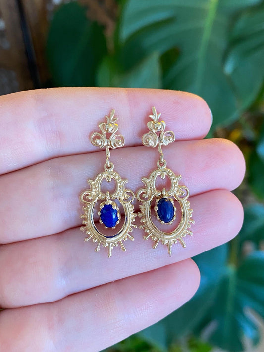 Vintage Solid 14k Yellow Gold Blue Lapis Lazuli Ornate Dangle Stud Earrings
