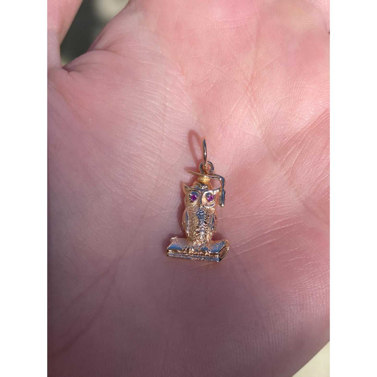 Vintage Solid 14k Rosey Gold Pink Sapphire Owl Graduation Charm