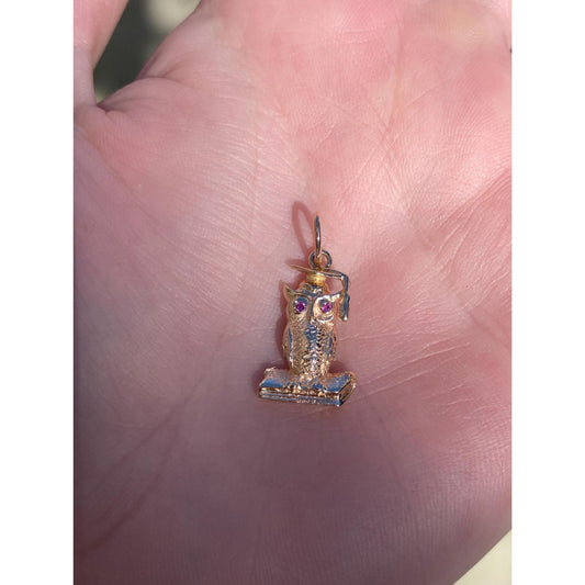 Vintage Solid 14k Rosey Gold Pink Sapphire Owl Graduation Charm