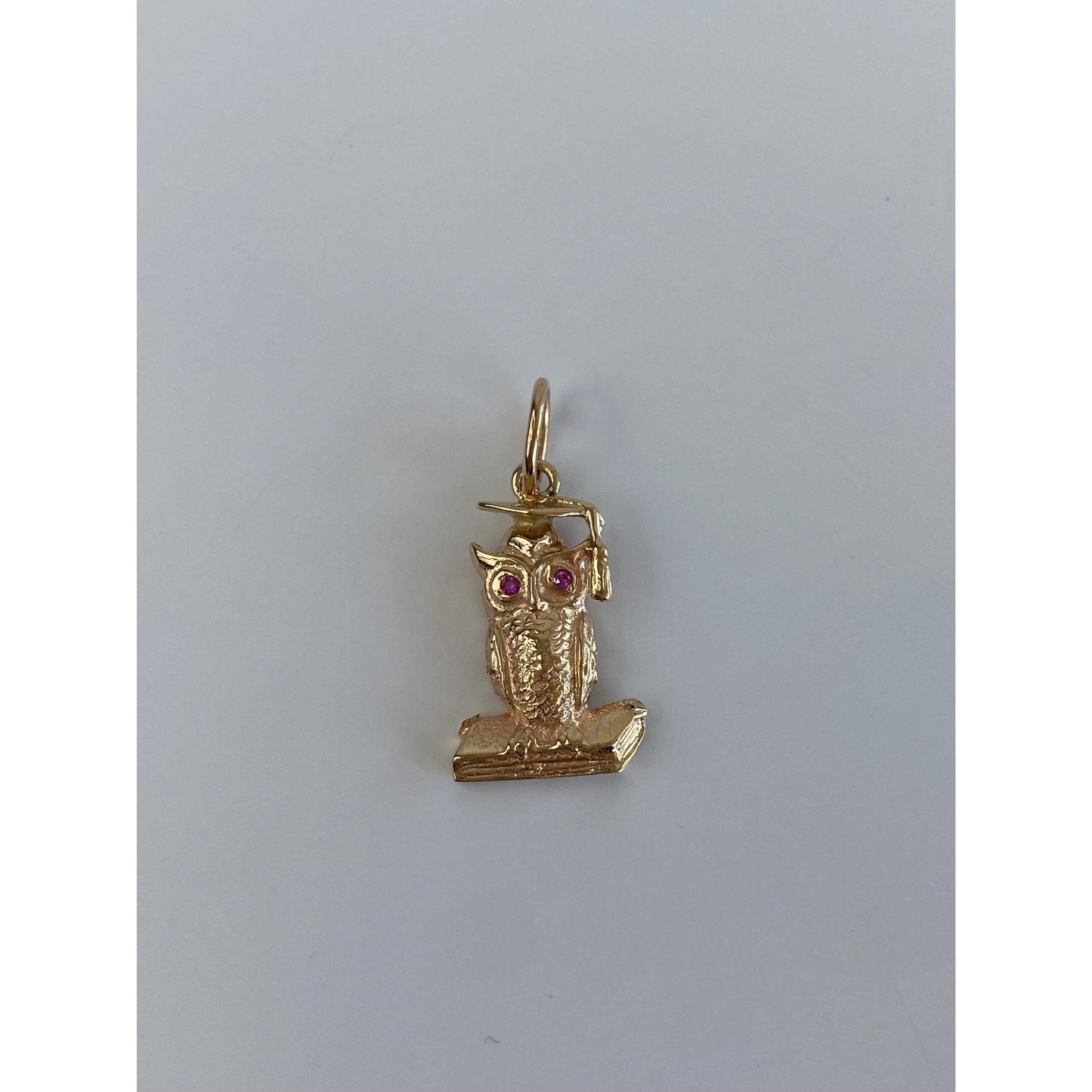 Vintage Solid 14k Rosey Gold Pink Sapphire Owl Graduation Charm