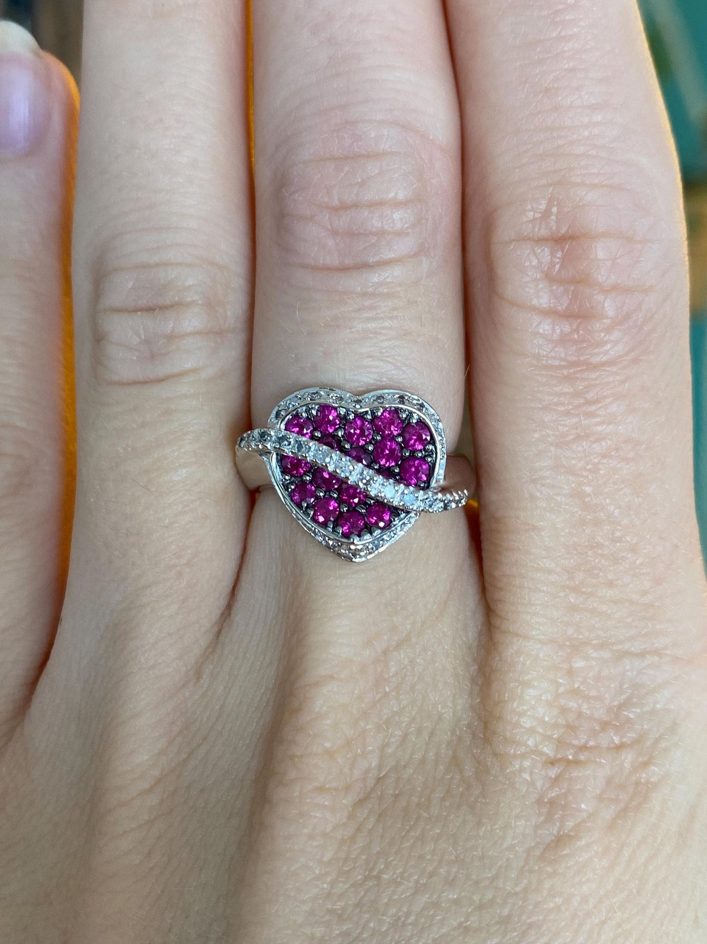 Vintage Solid 14k White Gold Diamond Pink Sapphire Heart Ring - Size 6