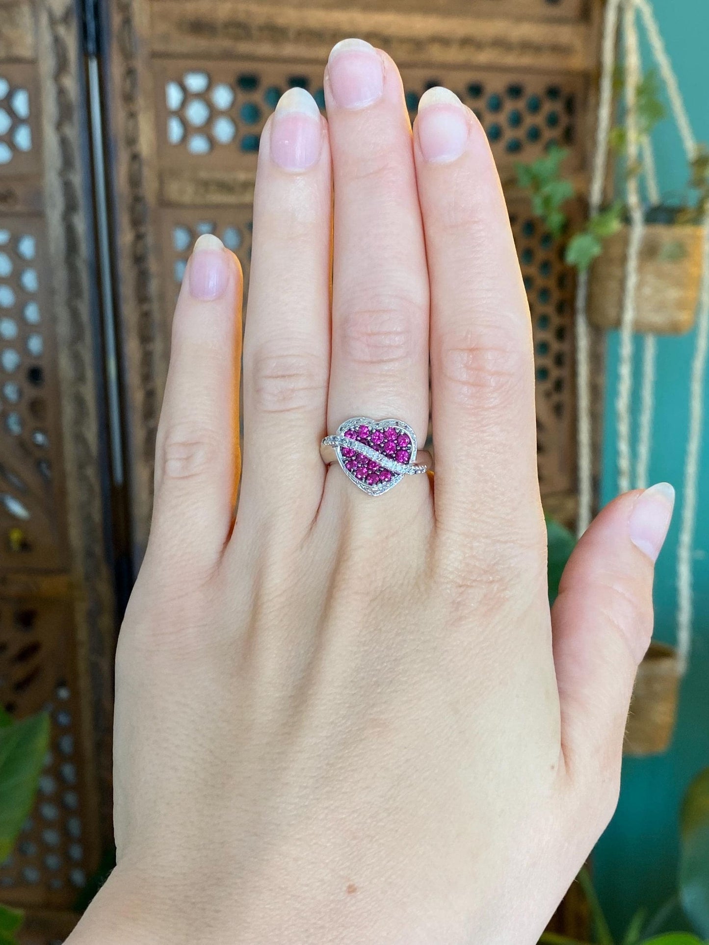 Vintage Solid 14k White Gold Diamond Pink Sapphire Heart Ring - Size 6