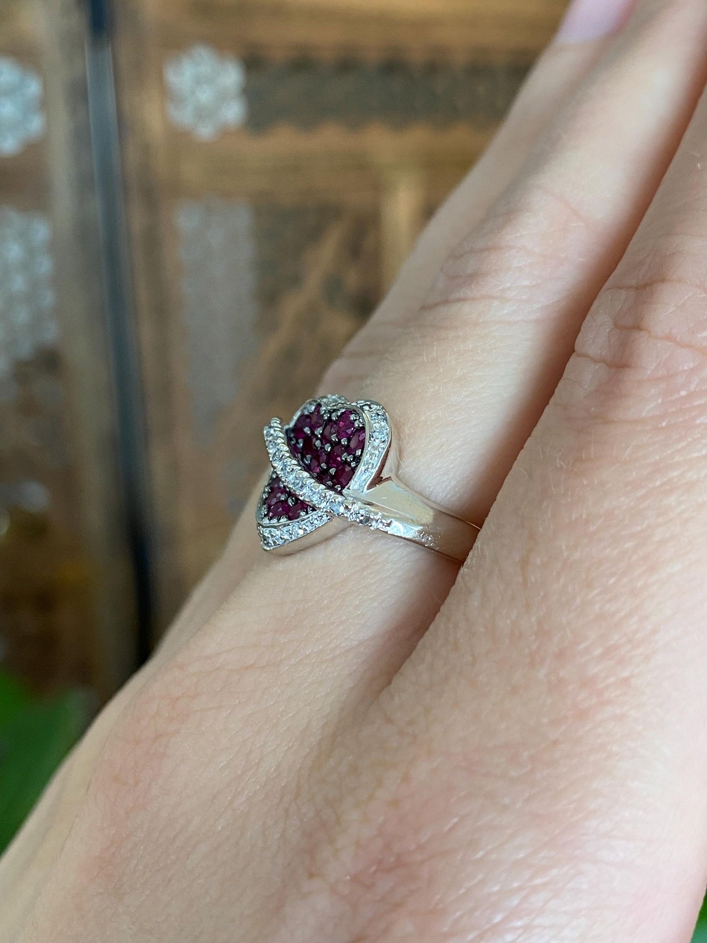 Vintage Solid 14k White Gold Diamond Pink Sapphire Heart Ring - Size 6
