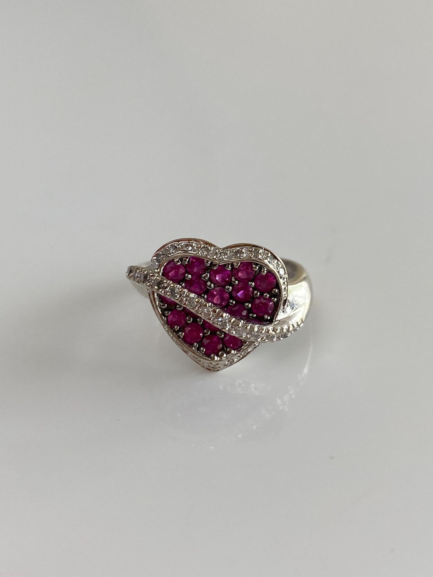 Vintage Solid 14k White Gold Diamond Pink Sapphire Heart Ring - Size 6