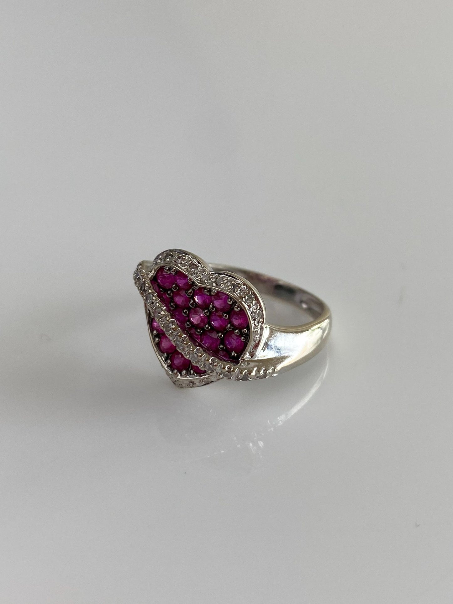 Vintage Solid 14k White Gold Diamond Pink Sapphire Heart Ring - Size 6
