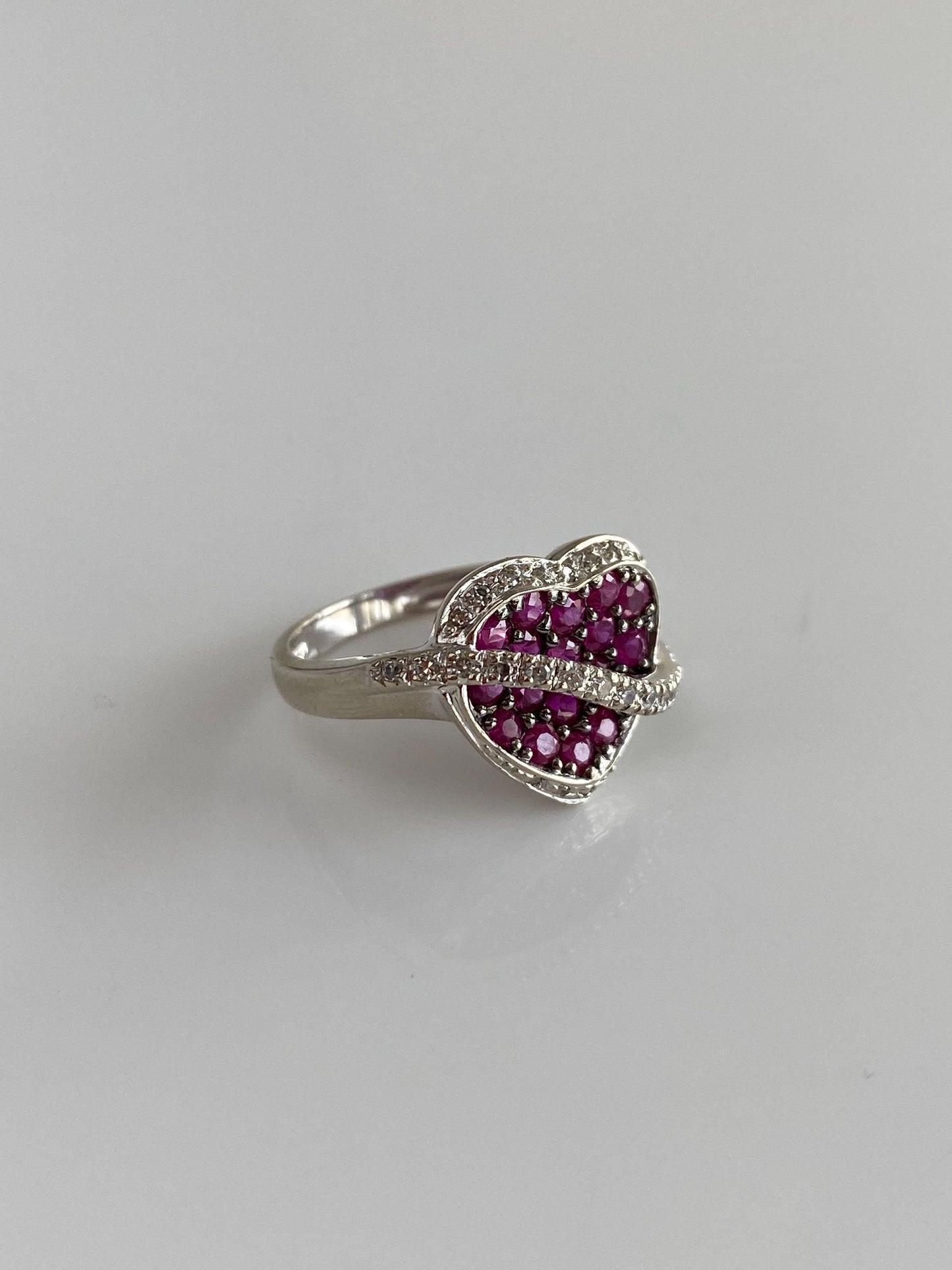 Vintage Solid 14k White Gold Diamond Pink Sapphire Heart Ring - Size 6