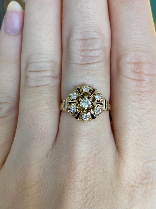 Vintage Solid 14k Yellow Gold Diamonds Black Enamel Ring - Size 6