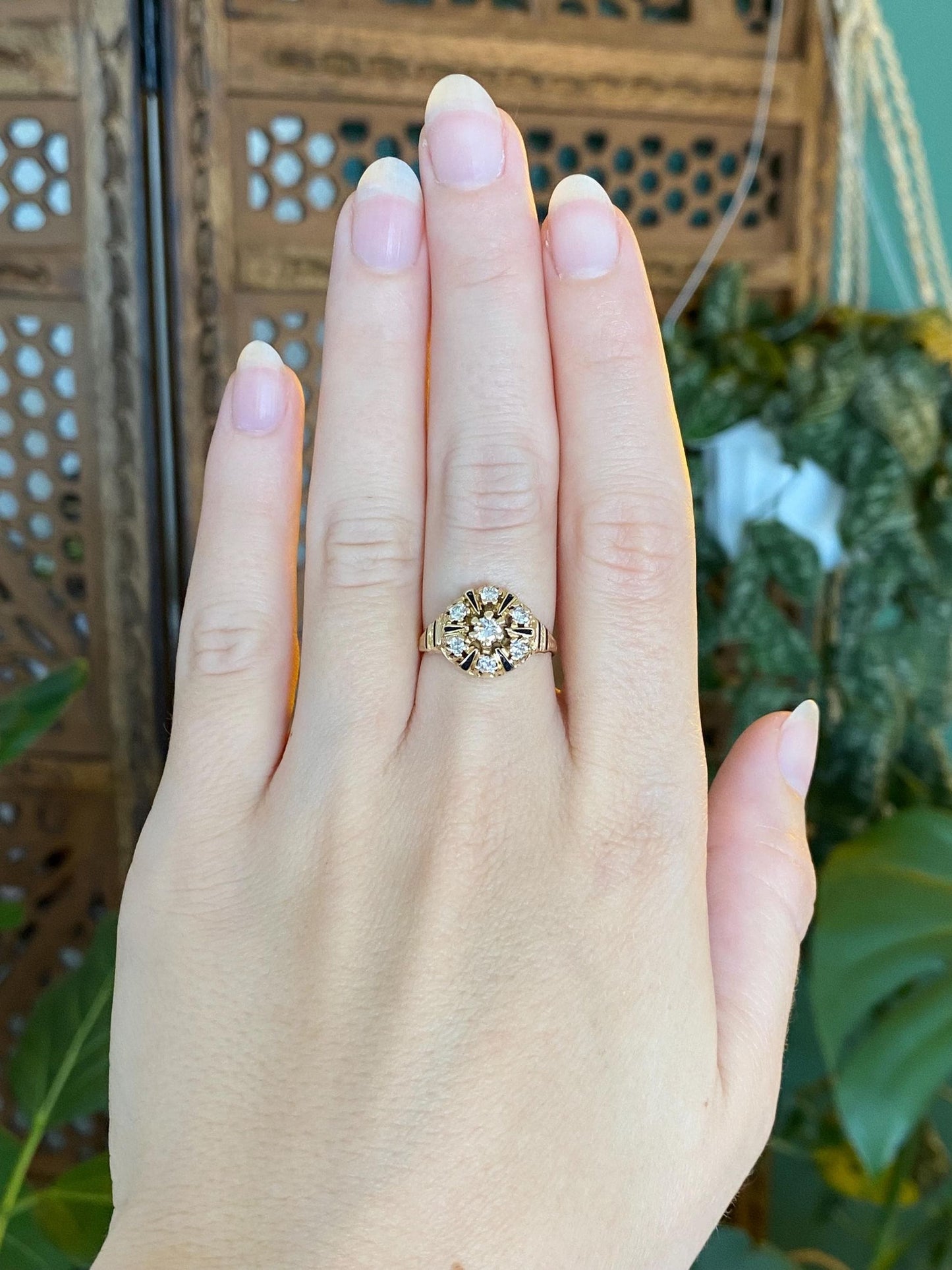 Vintage Solid 14k Yellow Gold Diamonds Black Enamel Ring - Size 6