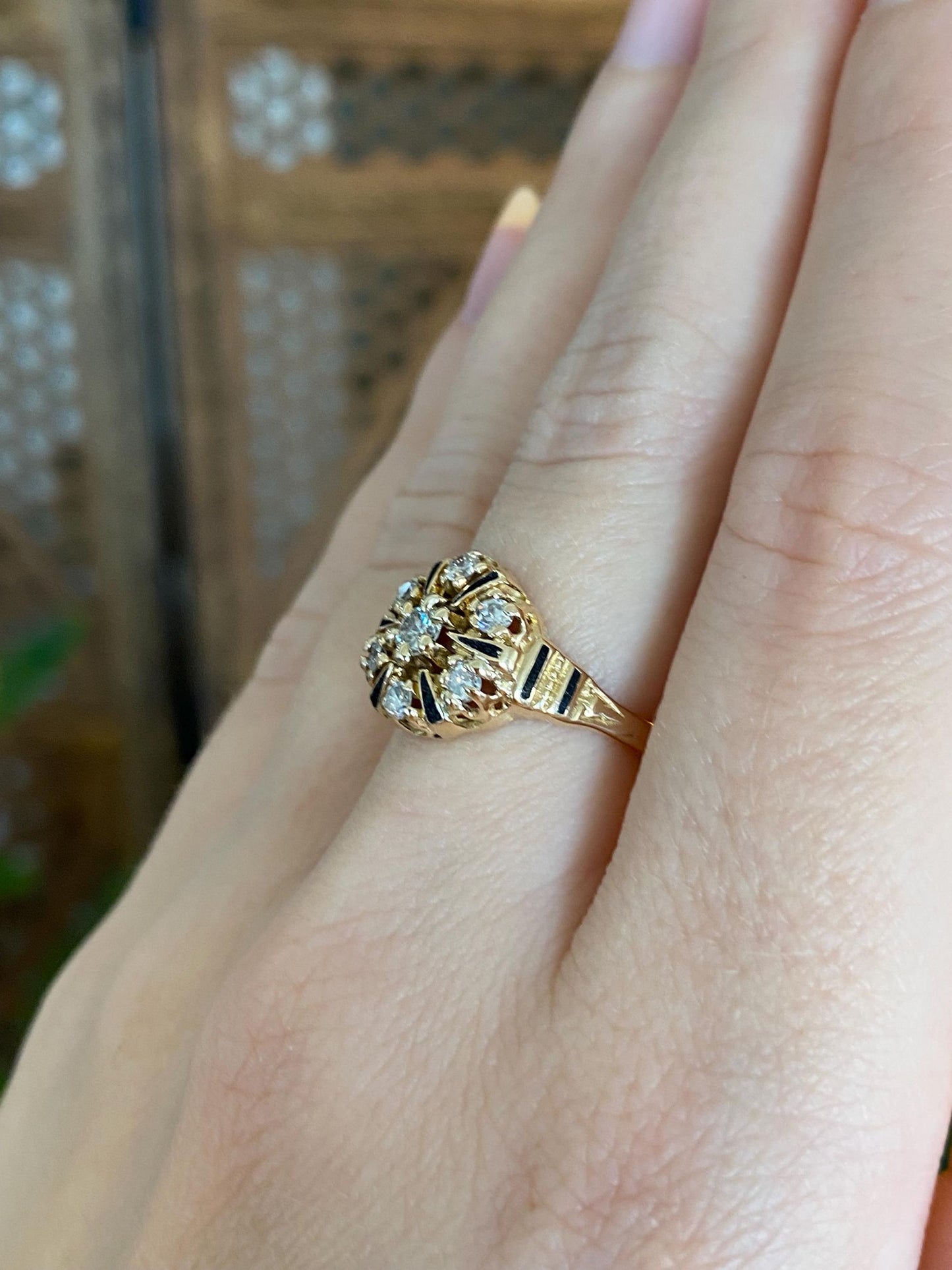 Vintage Solid 14k Yellow Gold Diamonds Black Enamel Ring - Size 6