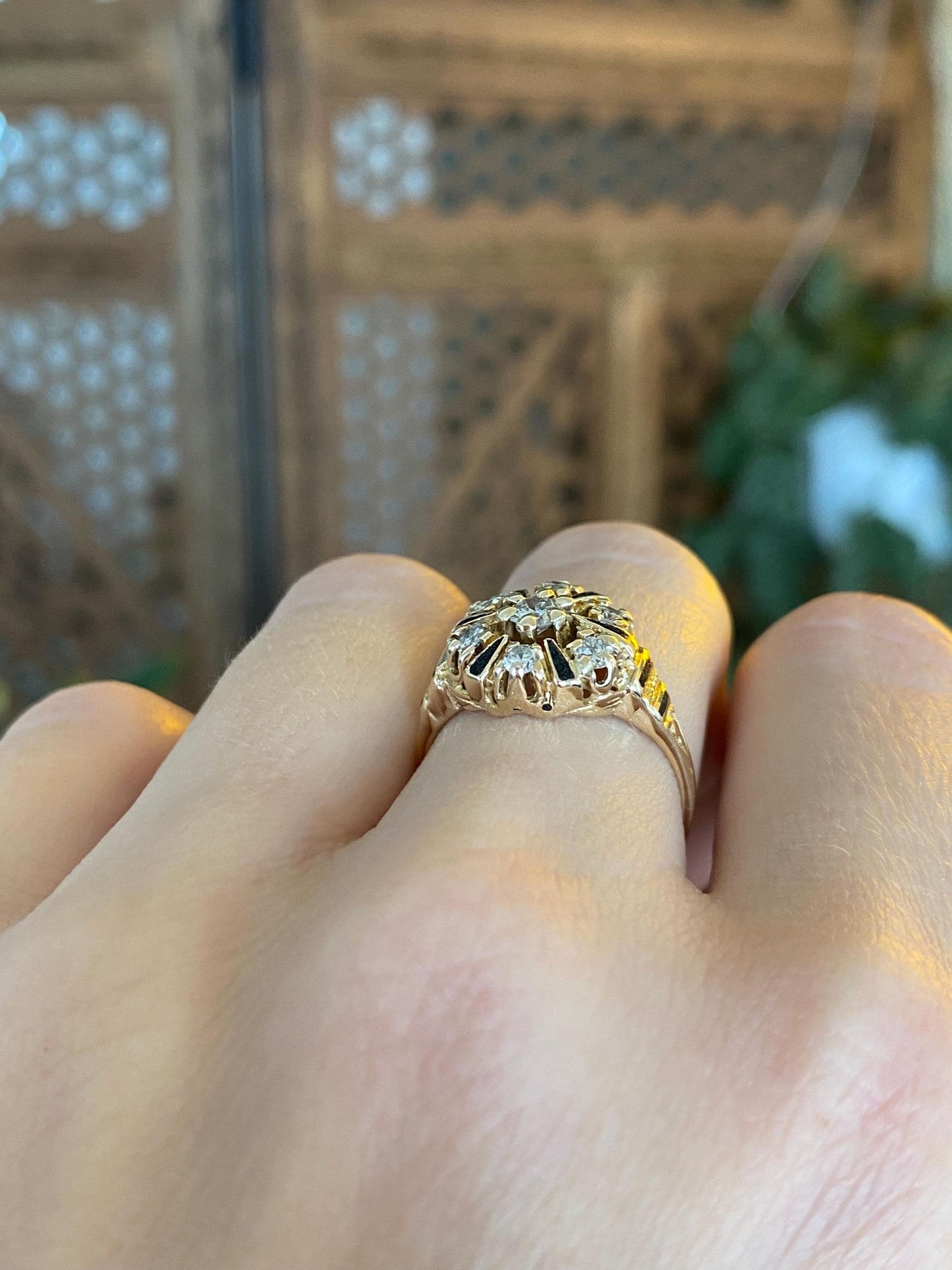Vintage Solid 14k Yellow Gold Diamonds Black Enamel Ring - Size 6