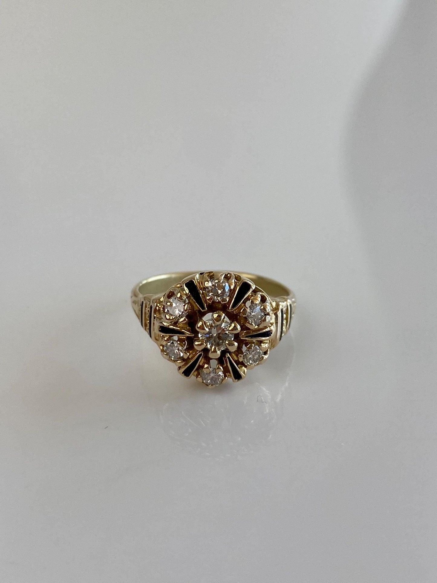 Vintage Solid 14k Yellow Gold Diamonds Black Enamel Ring - Size 6