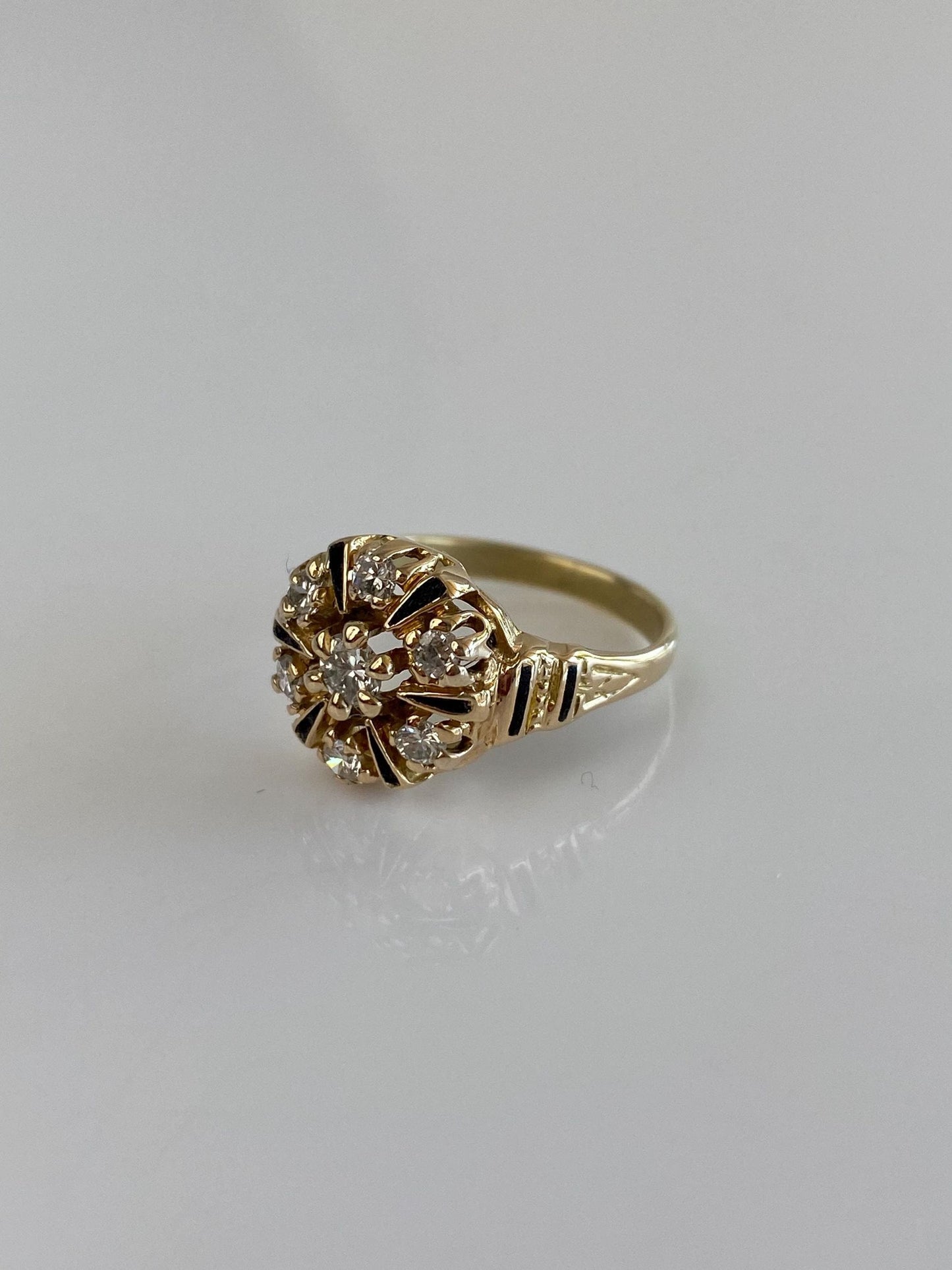 Vintage Solid 14k Yellow Gold Diamonds Black Enamel Ring - Size 6