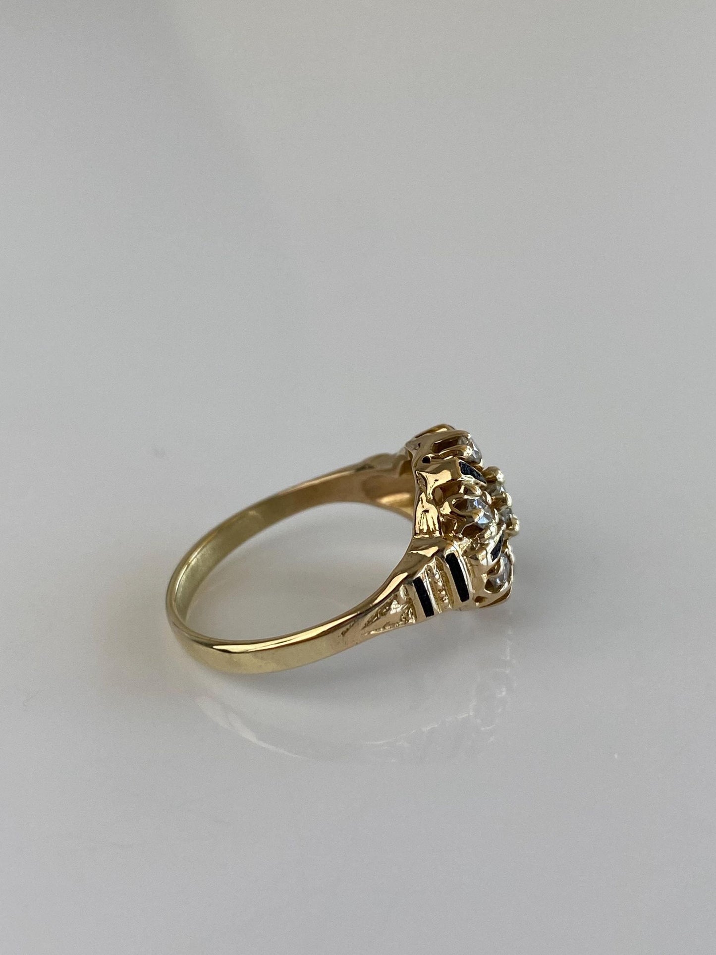 Vintage Solid 14k Yellow Gold Diamonds Black Enamel Ring - Size 6