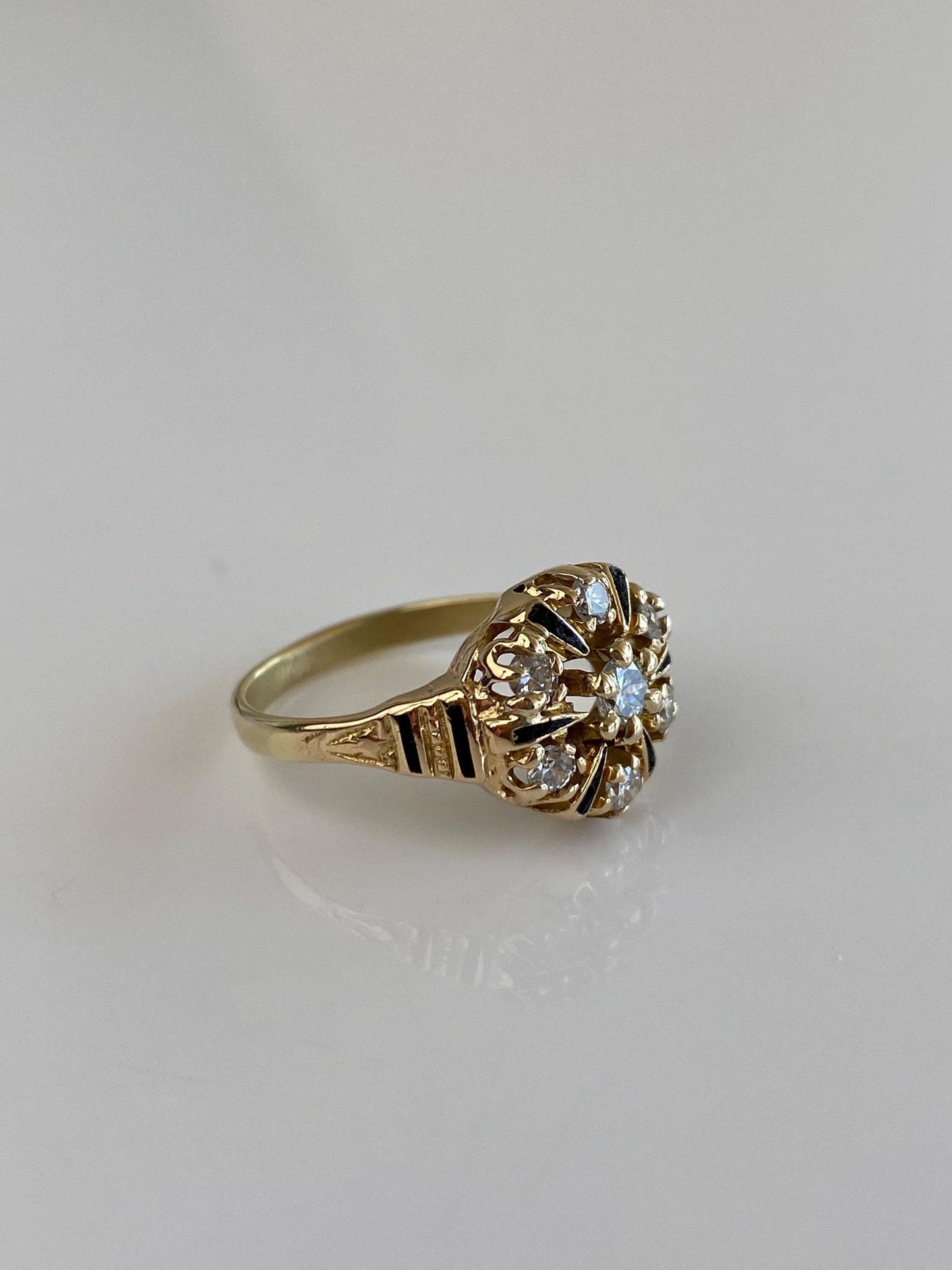 Vintage Solid 14k Yellow Gold Diamonds Black Enamel Ring - Size 6