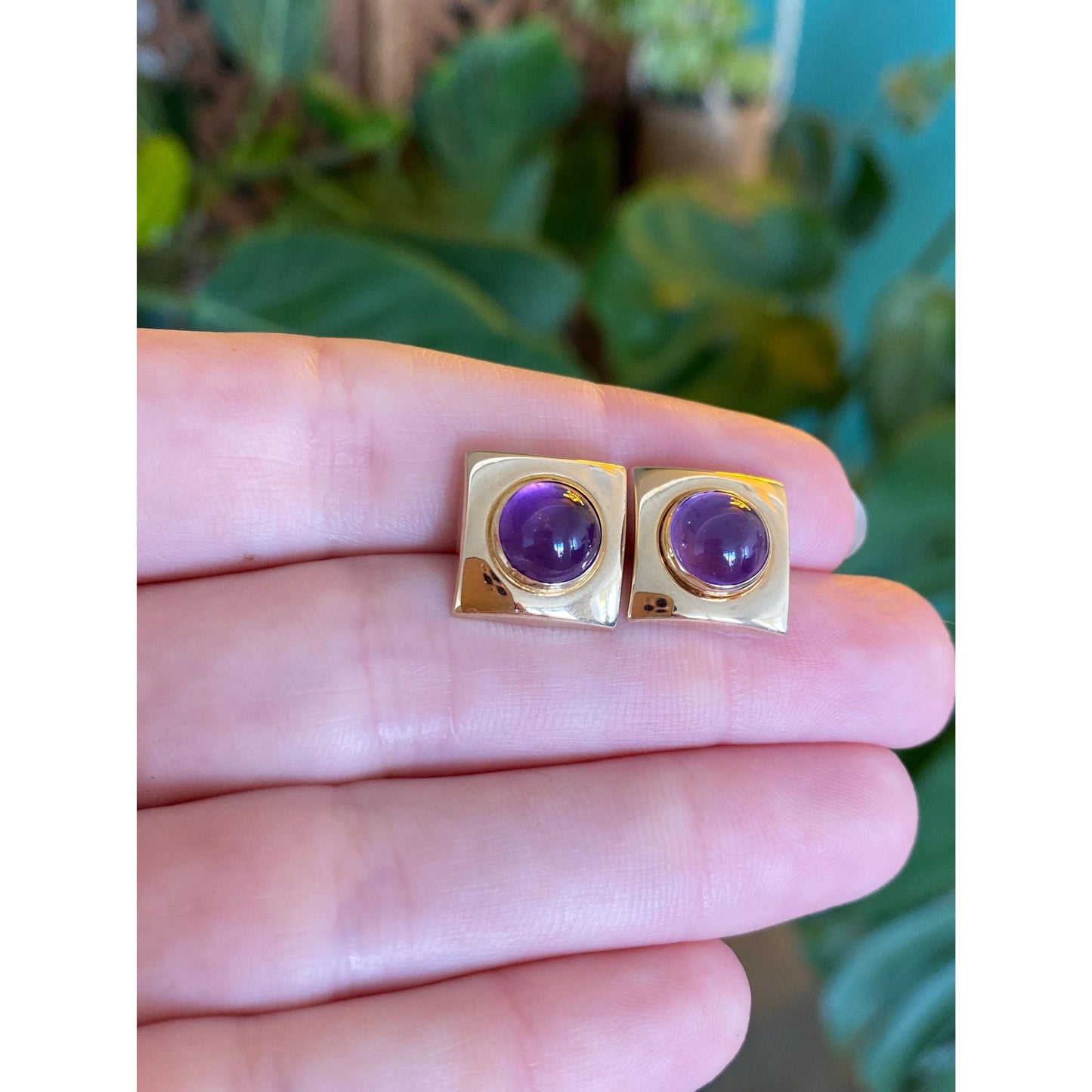 Vintage Solid 14k Yellow Gold Amethyst Cabochon Square Stud Earrings