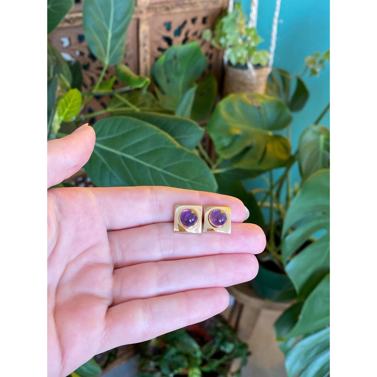 Vintage Solid 14k Yellow Gold Amethyst Cabochon Square Stud Earrings