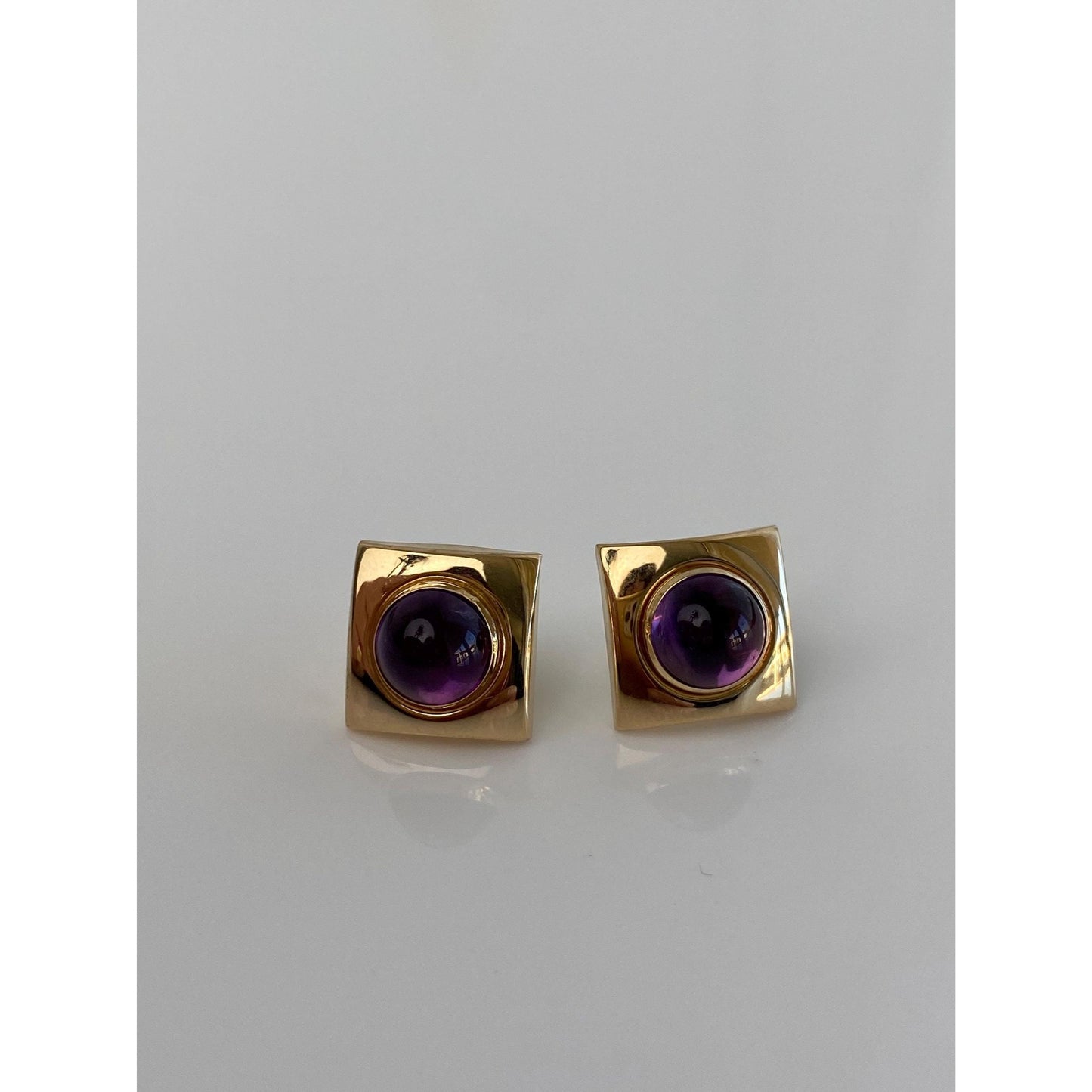 Vintage Solid 14k Yellow Gold Amethyst Cabochon Square Stud Earrings