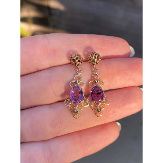 Vintage Solid 14k Yellow Gold Amethyst Filigree Dangle Stud Earrings