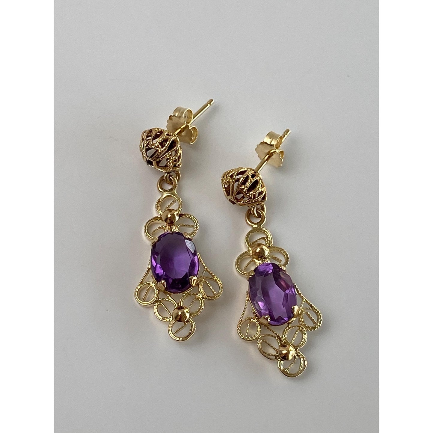 Vintage Solid 14k Yellow Gold Amethyst Filigree Dangle Stud Earrings