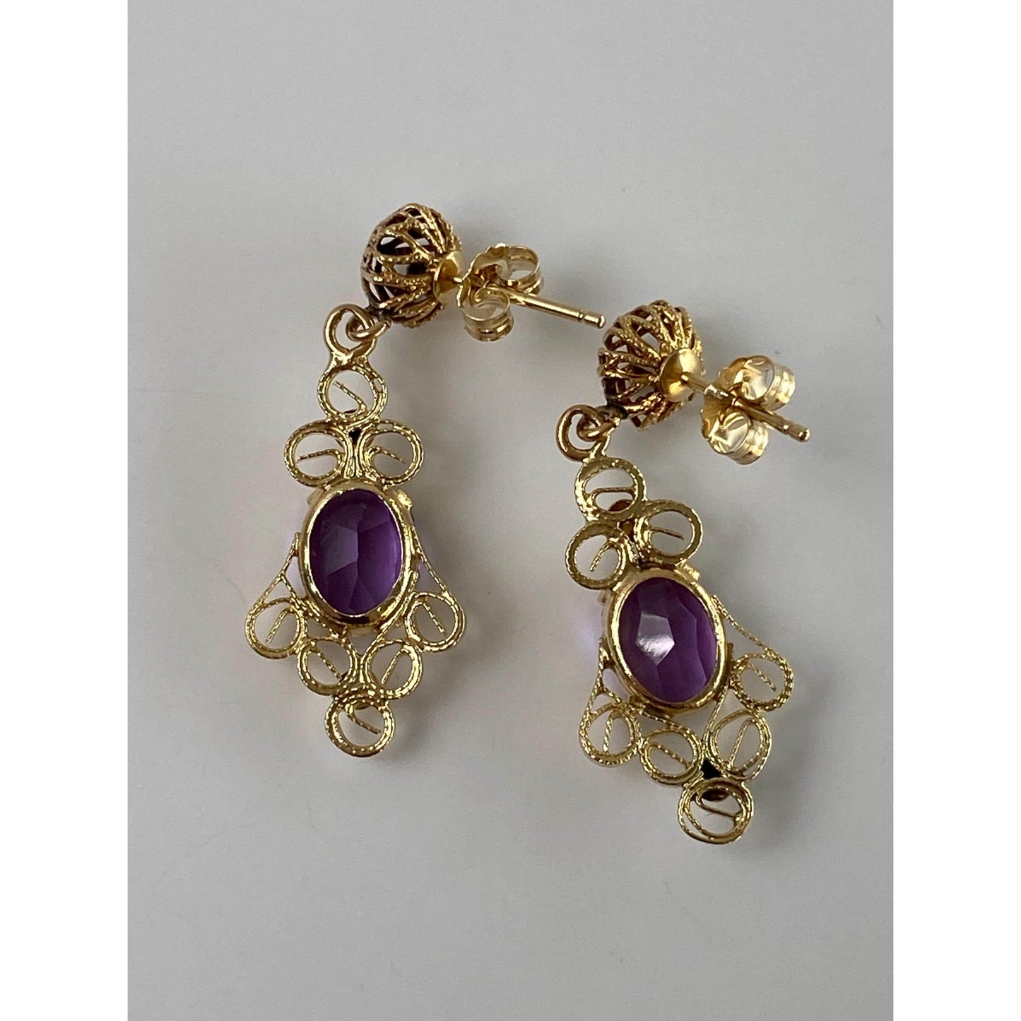 Vintage Solid 14k Yellow Gold Amethyst Filigree Dangle Stud Earrings