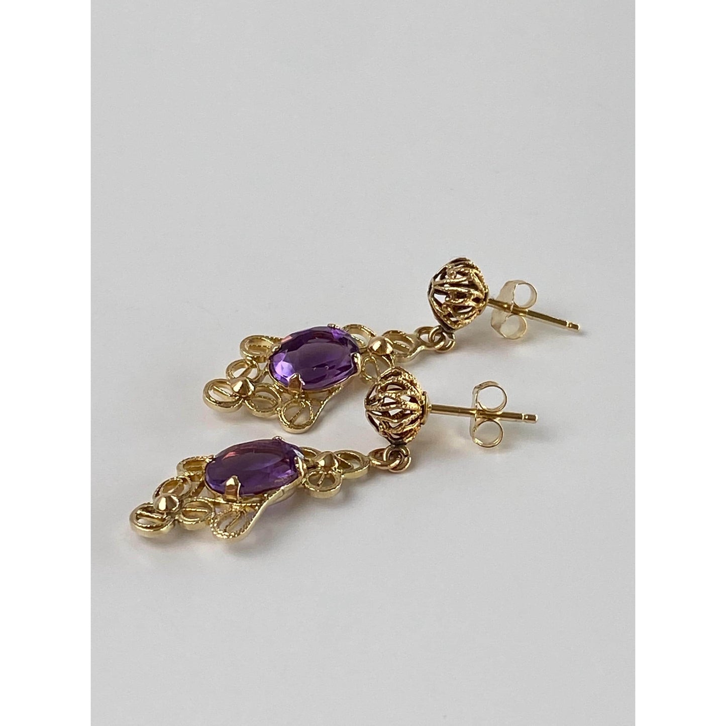 Vintage Solid 14k Yellow Gold Amethyst Filigree Dangle Stud Earrings